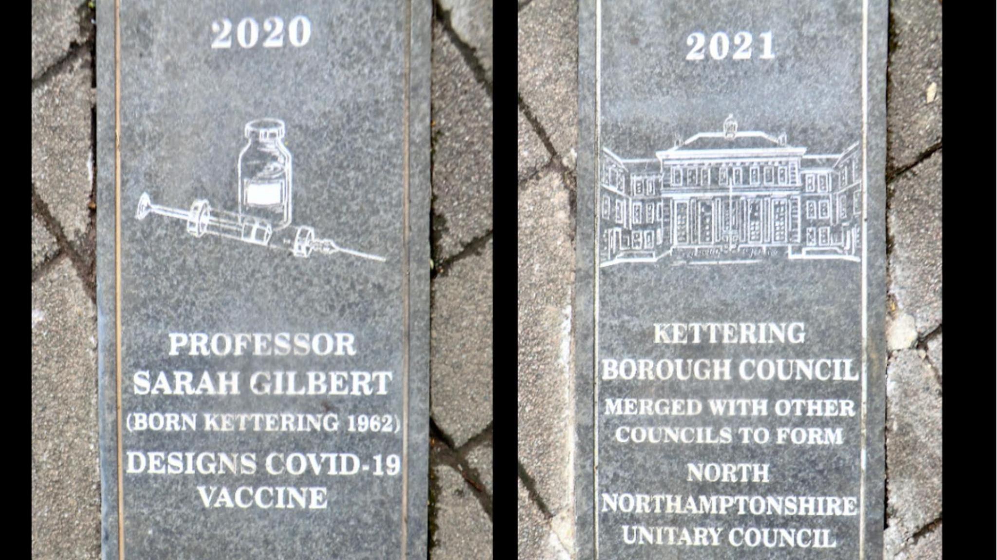 Engraved paving stones celebrating the Covid vaccine scientist Sarah Gilbert and the formation of North Northants council