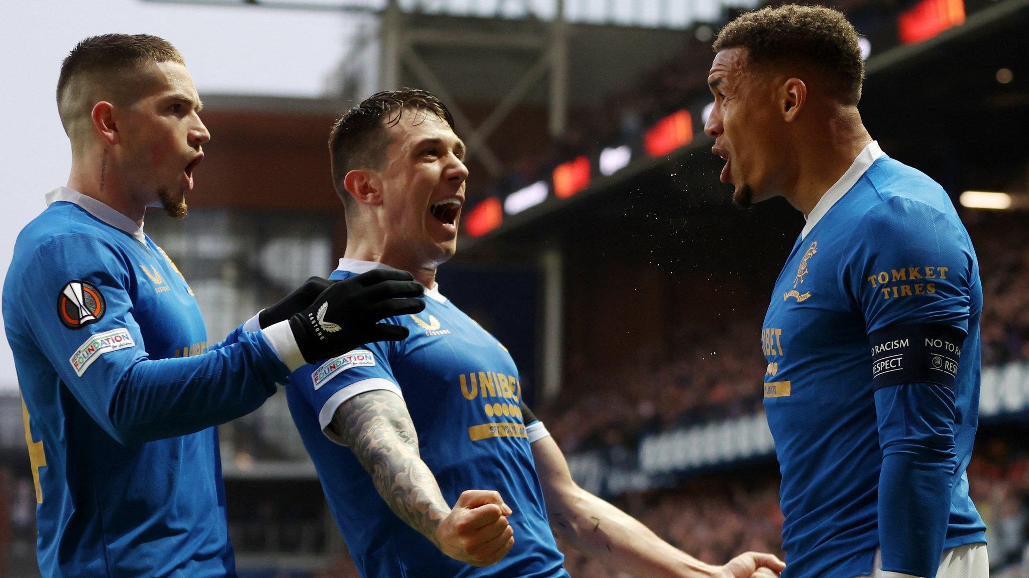 Rangers' James Tavernier celebrates scoring their first goal with teammates