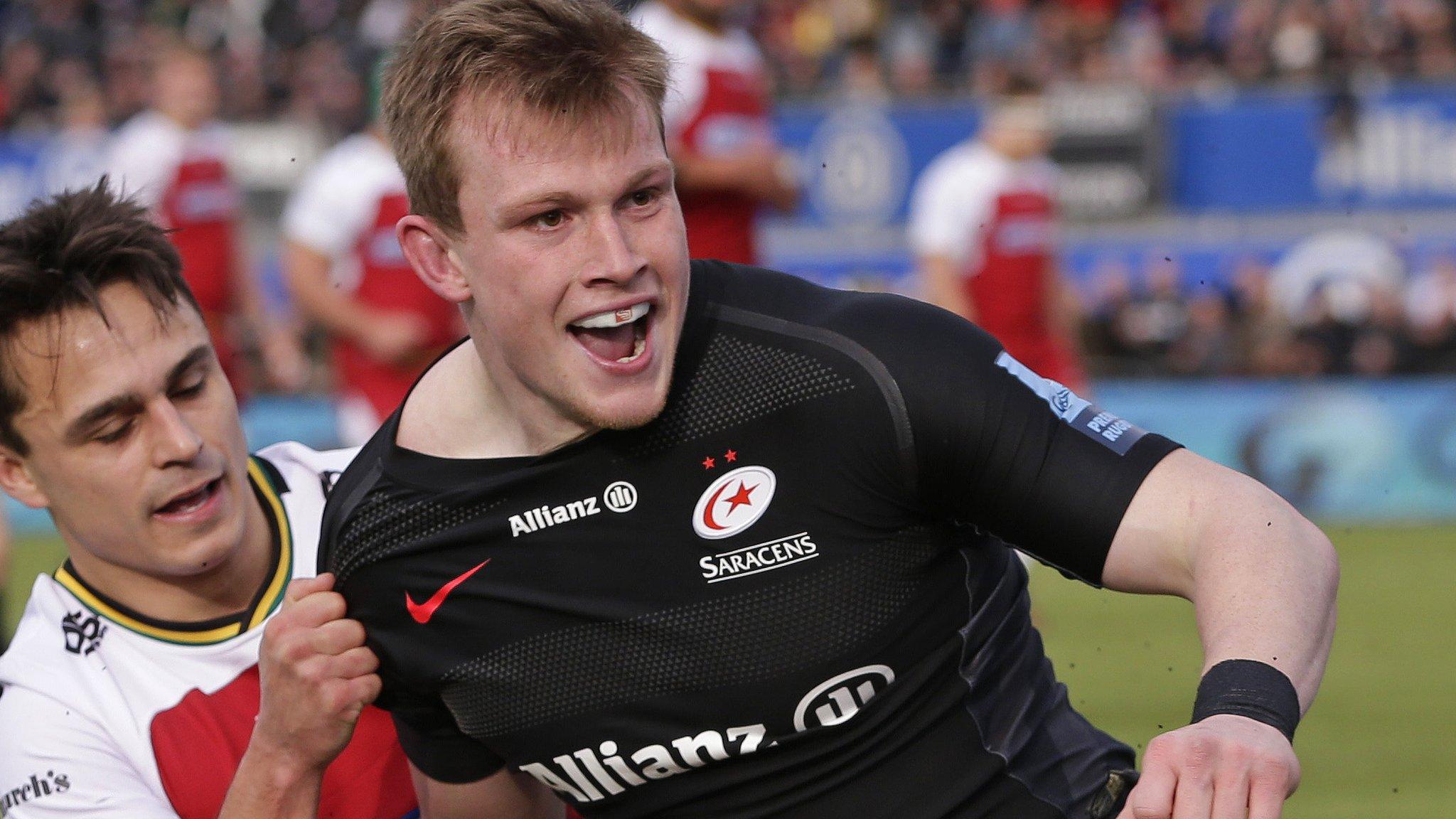 Nick Tompkins scores a try for Saracens