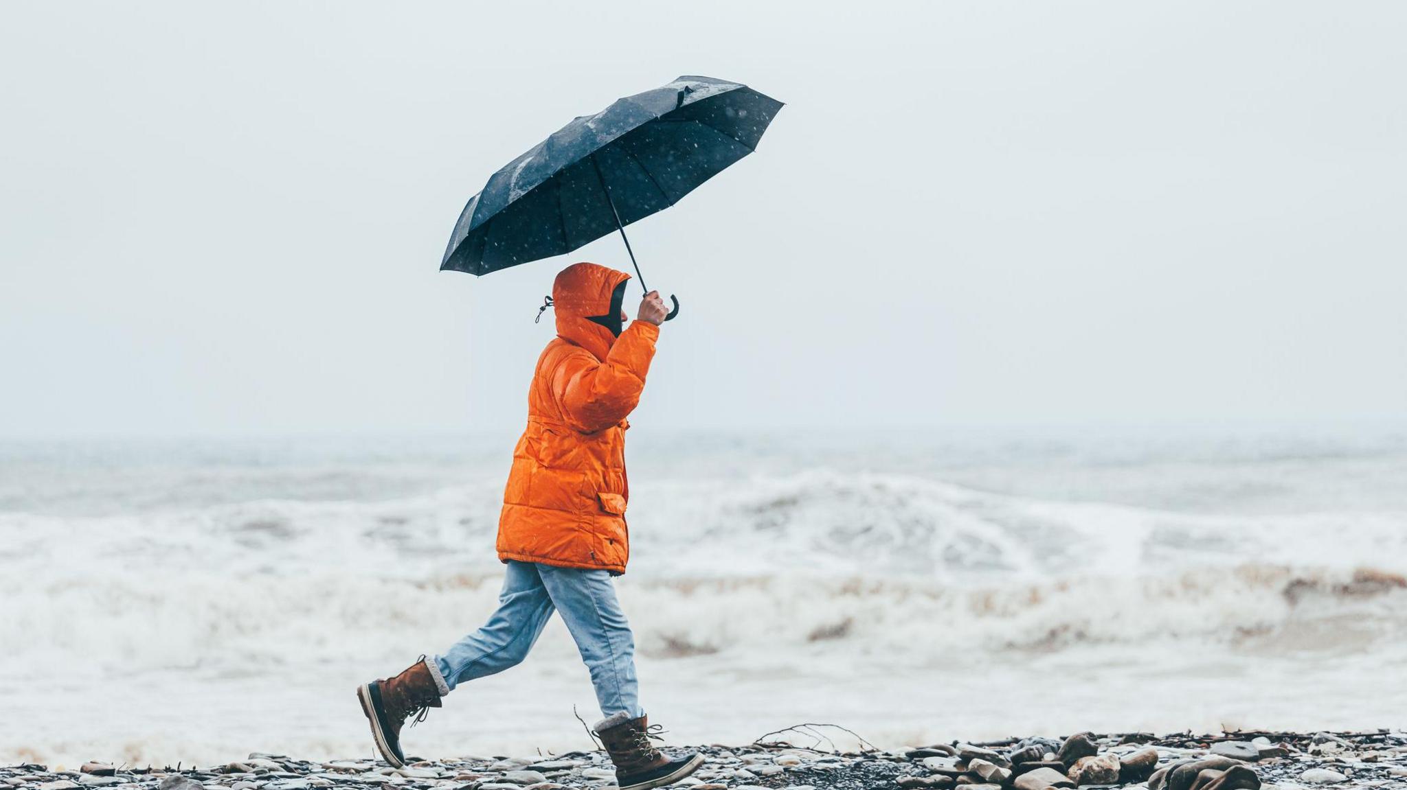 Person carrying umbrella walks along pebble beach