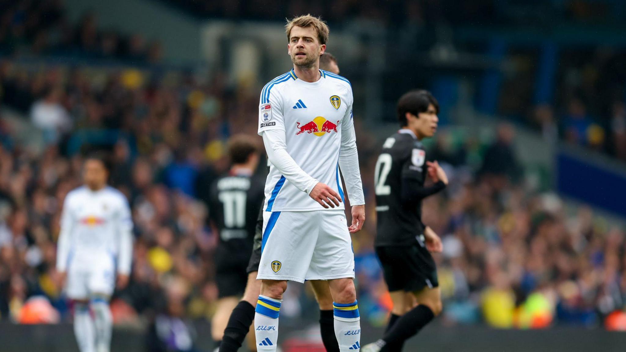 Patrick Bamford playing for Leeds United last season in their home kit