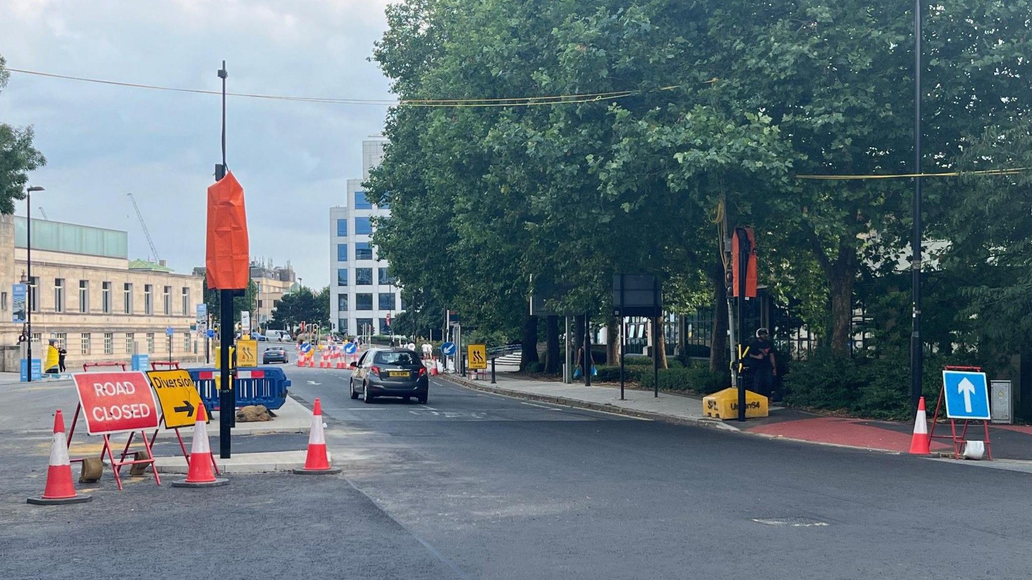 Southampton city centre with temporary traffic lights and road signs and cones