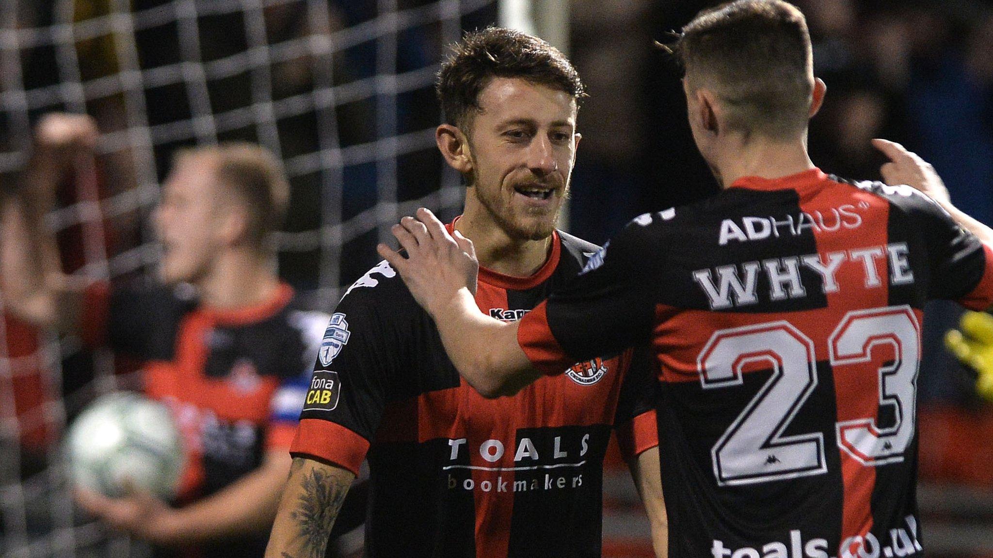 Crusaders midfielder Declan Caddell celebrates scoring against Coleraine