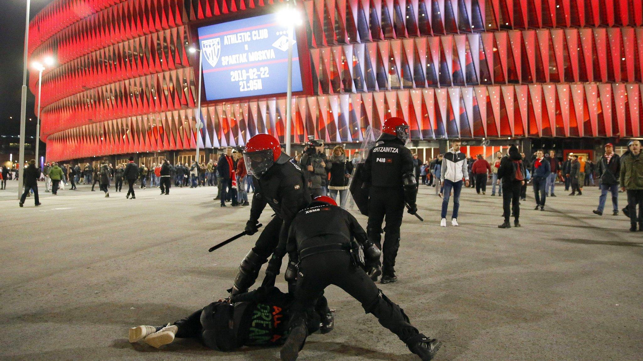 Clashes between Athletic Bilbao and Spartak Moscow at San Mames stadium in Bilbao