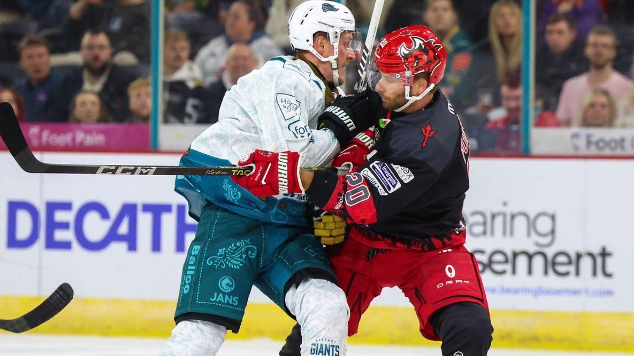 Hit on Cardiff Devils' Gleason Fournier at Belfast Giants