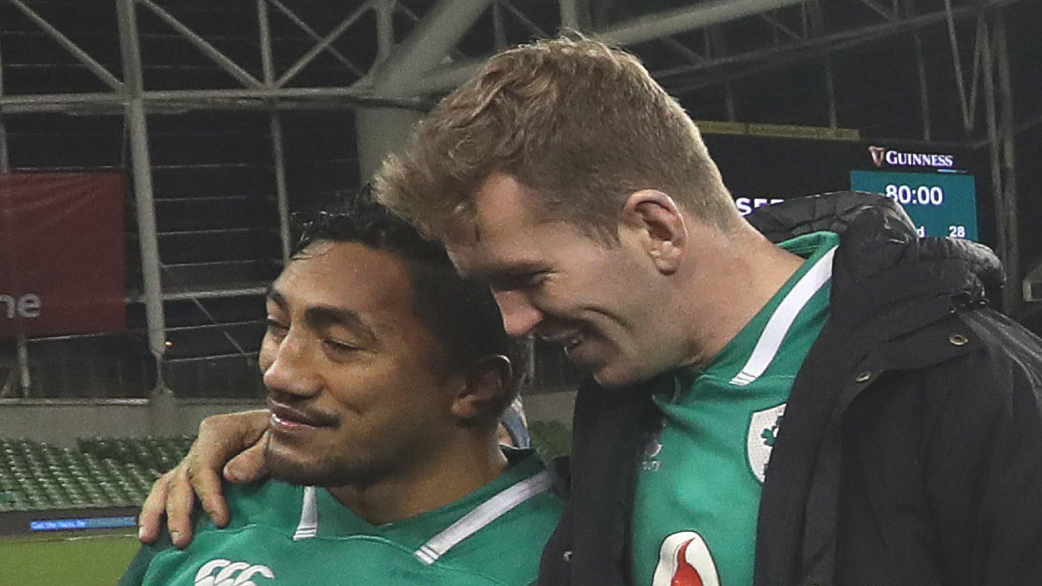 Bundee Aki and Chris Farrell after Ireland's win over Argentina in November 2017