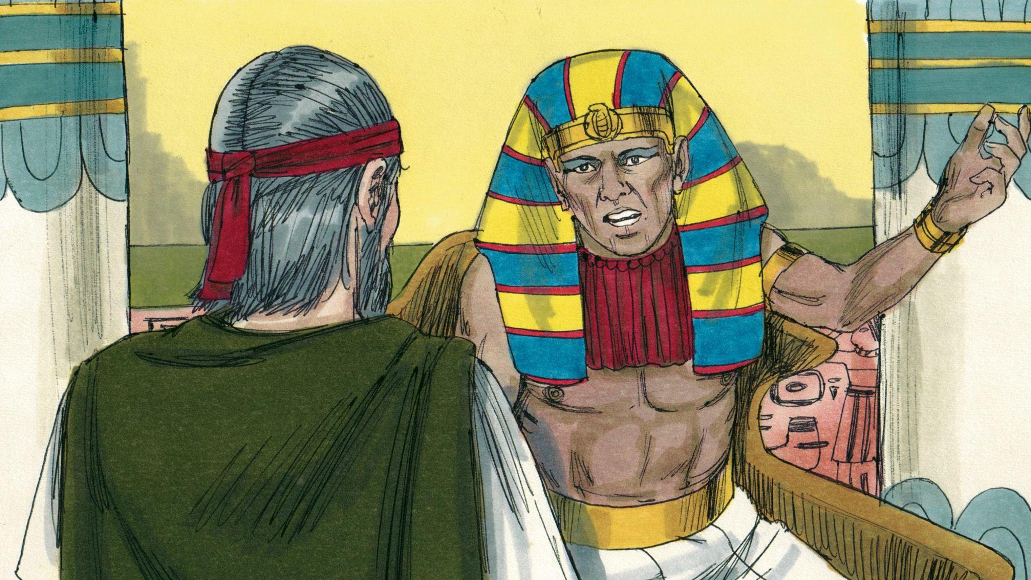 A sketch illustration of Moses and Pharaoh. Pharaoh looks angry.