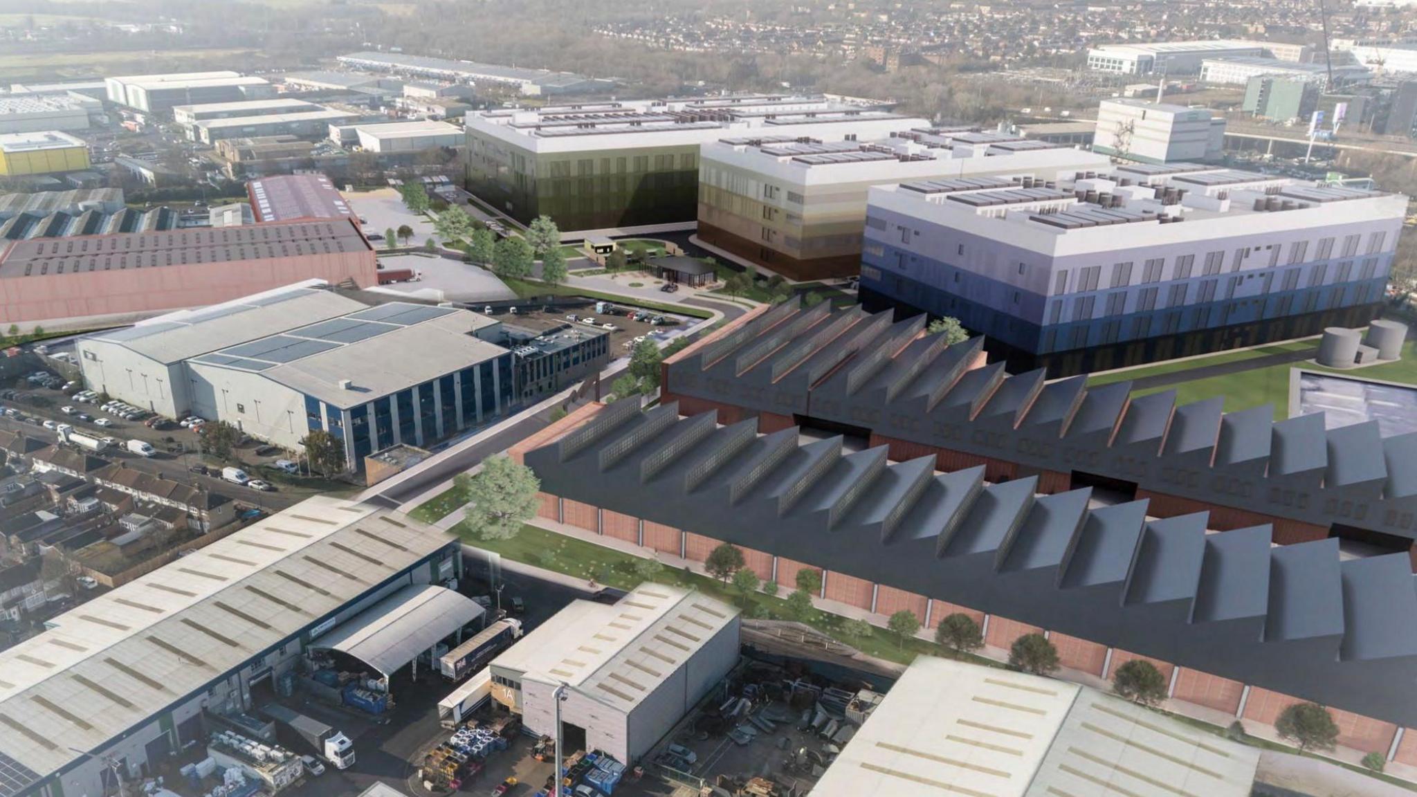 An artist's impression of how the industrial site will look.
There is a grey roofed building in the foreground with a taller white and grey building behind it.