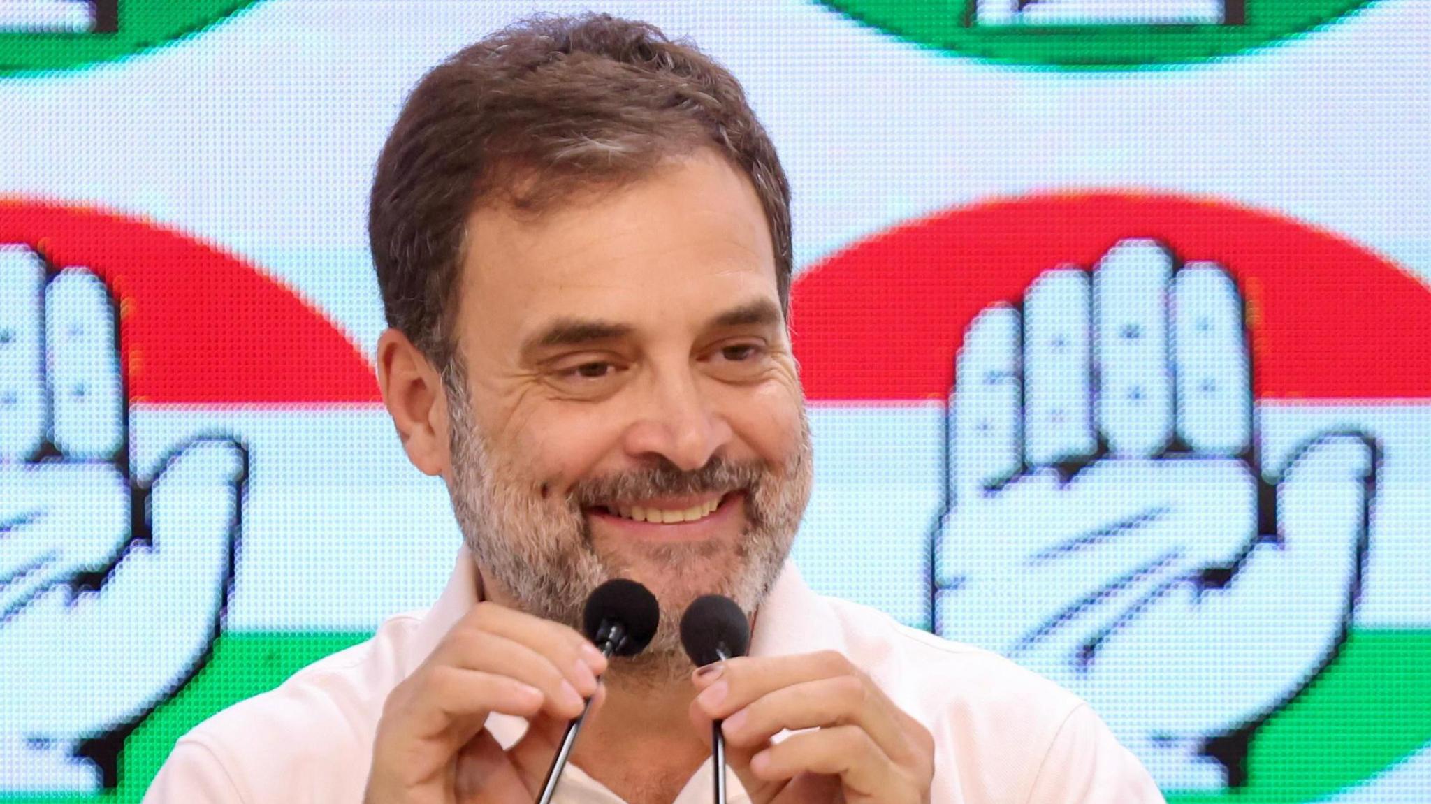 Rahul Gandhi, senior leader of the Indian National Congress Party, speaks during a press conference.