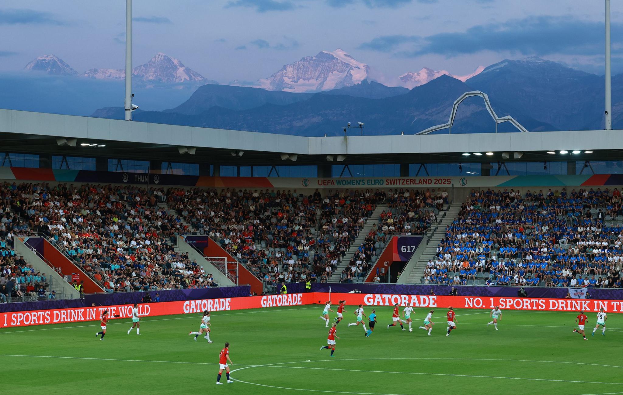 A general view of the mountainous regain of Thun during the match between Norway and Iceland. Photo by Eddie Keogh