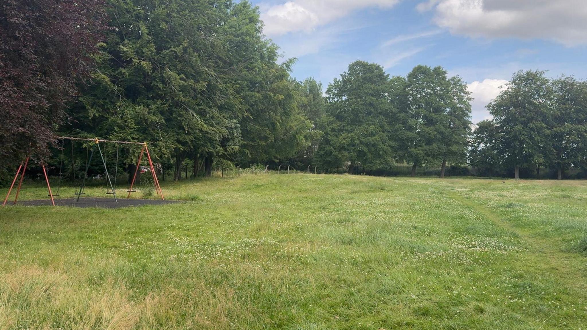 The photo shows a field which is filled with long grass and some wild flowers. To the left of the photo is a swing with four seats on it. To the right there is a path which goes to the end of the field. In the distance there are lots of very tall trees.