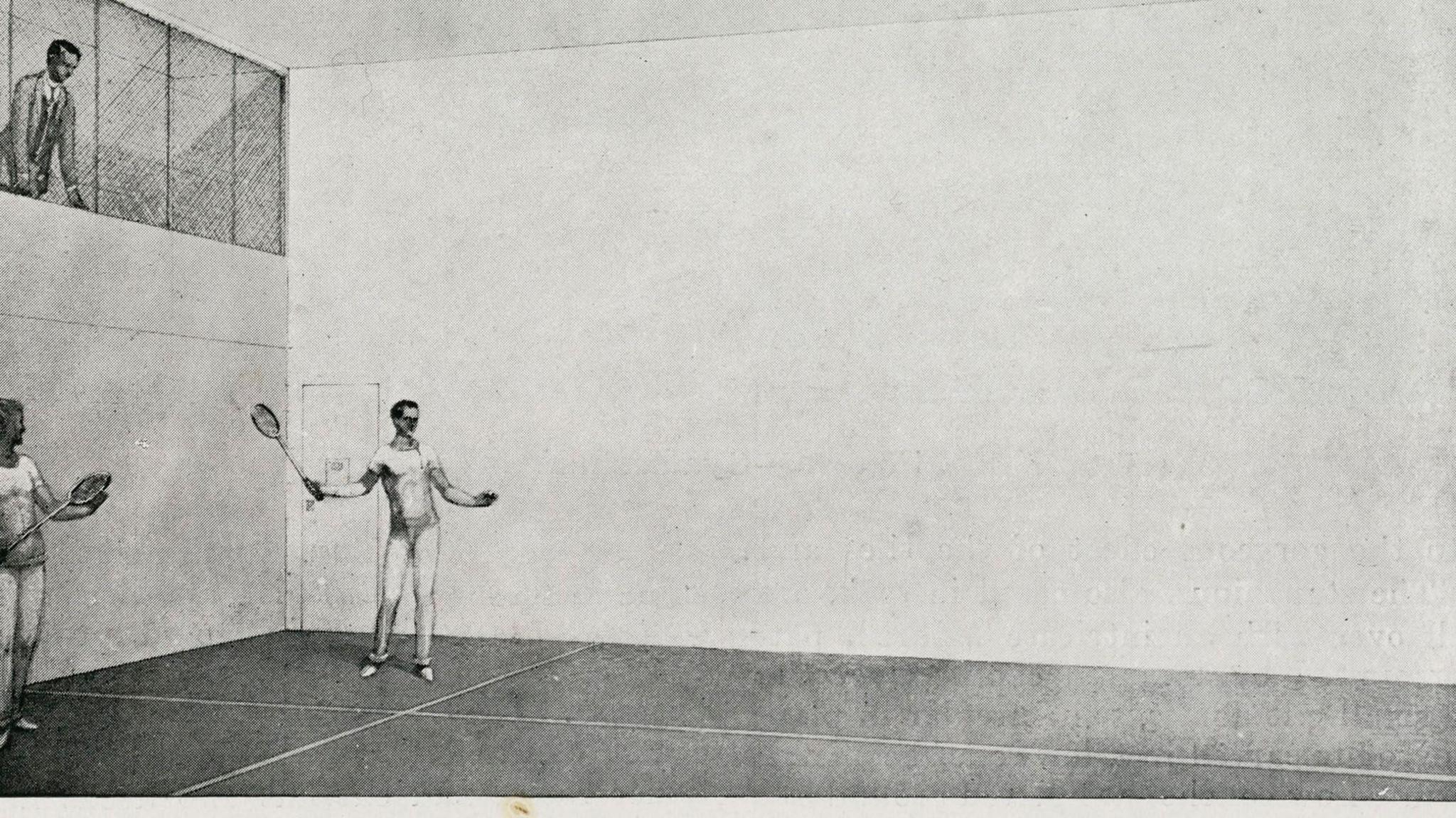 Black and white drawing of squash court showing white walls and grey floor marked out with white lines. Two men dressed in white sports gear are standing on the left side of the court and one has a racket in his right hand. There are windows above the court to the left through which one man is watching the game.