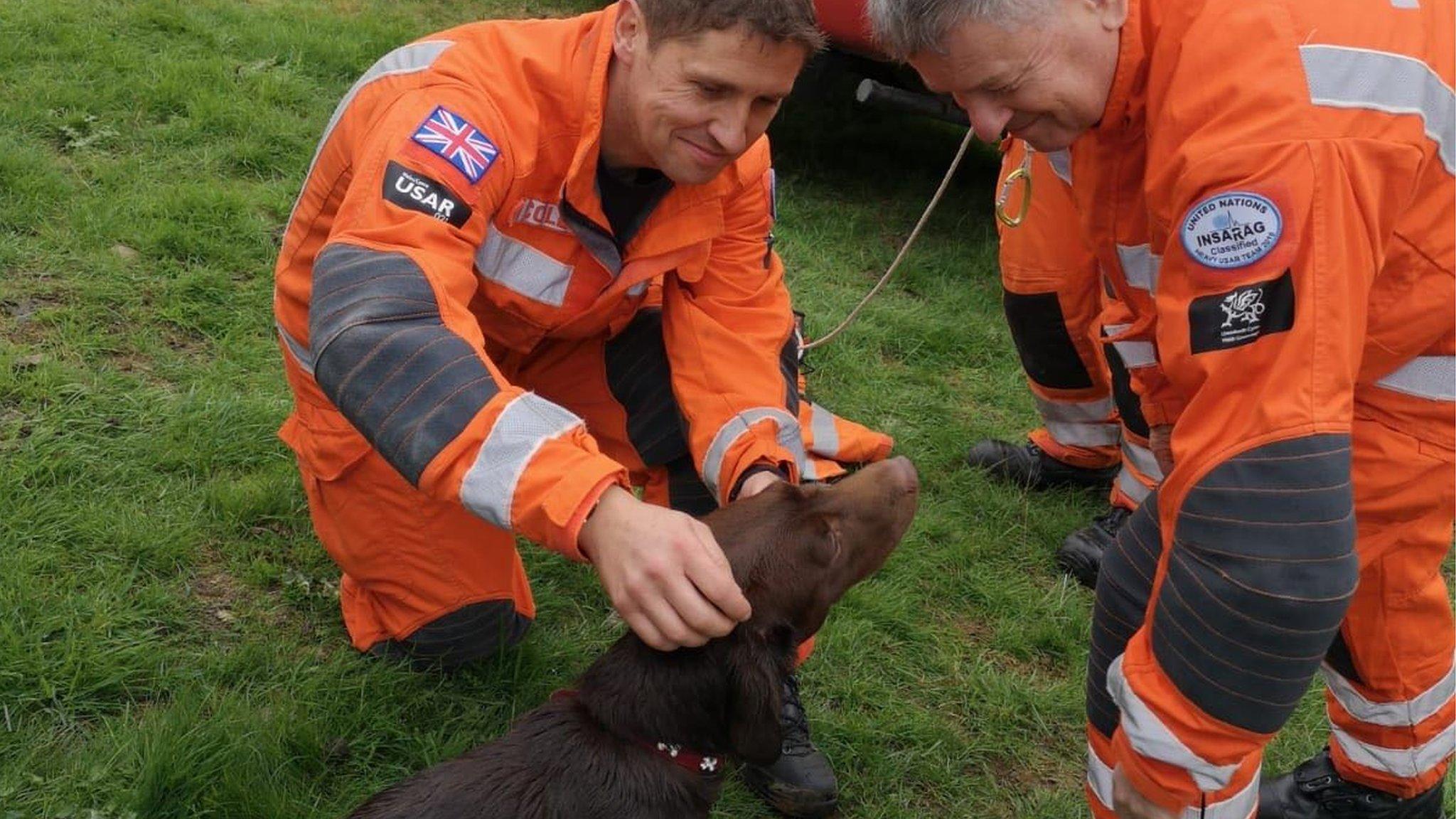 Ruby the dog with fire rescue crew