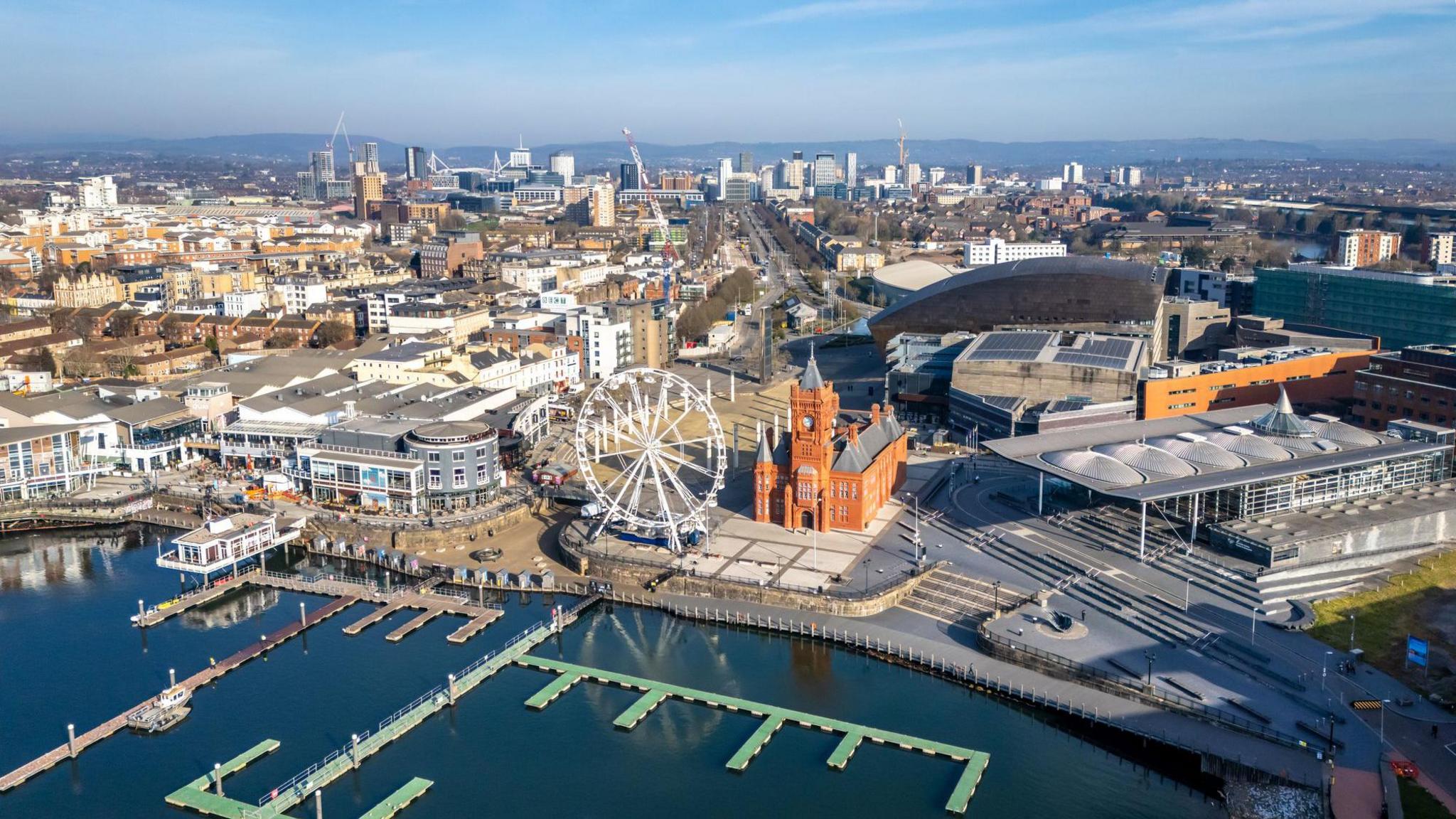 Aerial view of the Senedd and Pierhead Building in Cardiff.