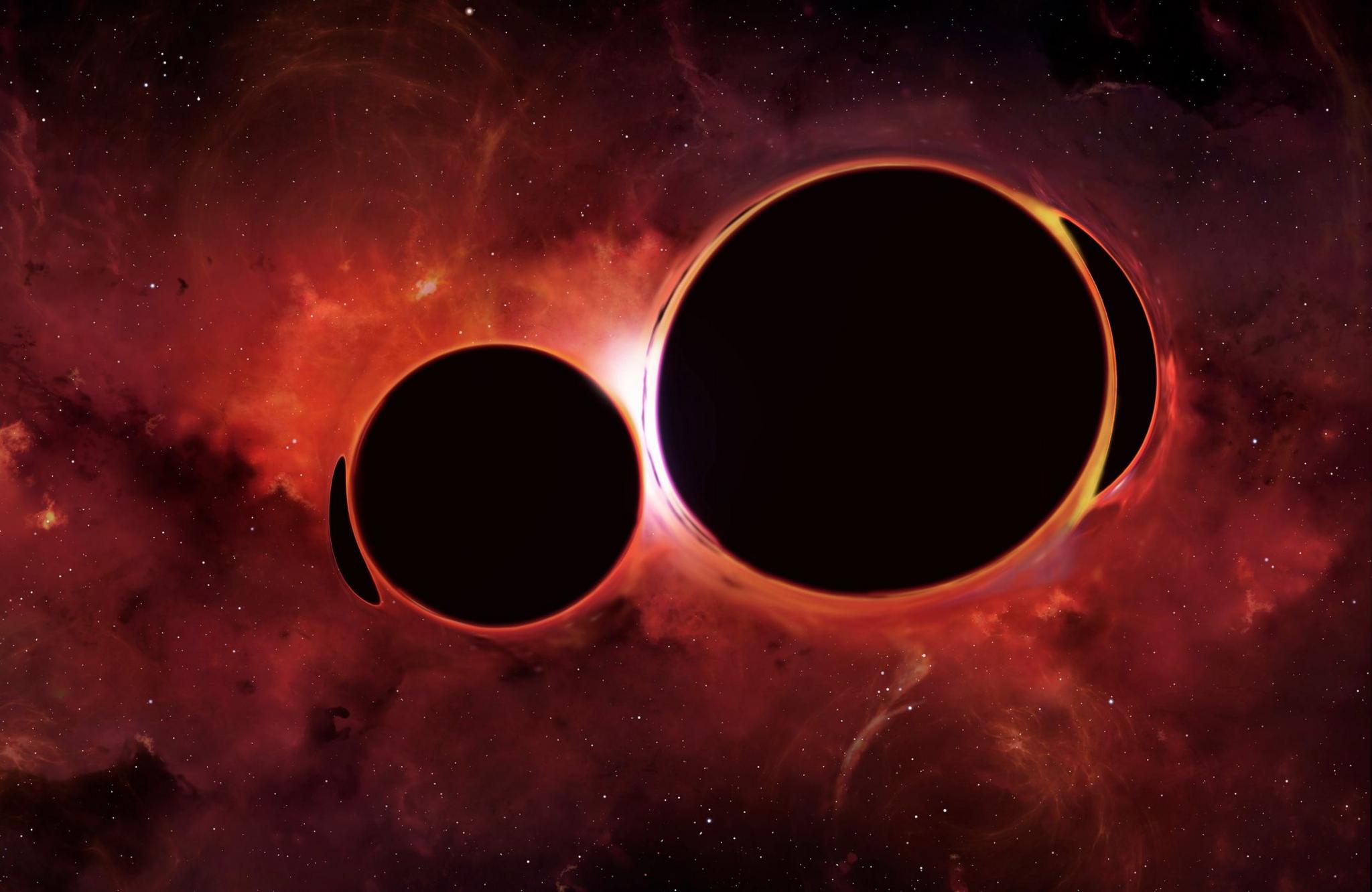 Two black holes orbiting each other in an artist's illustration