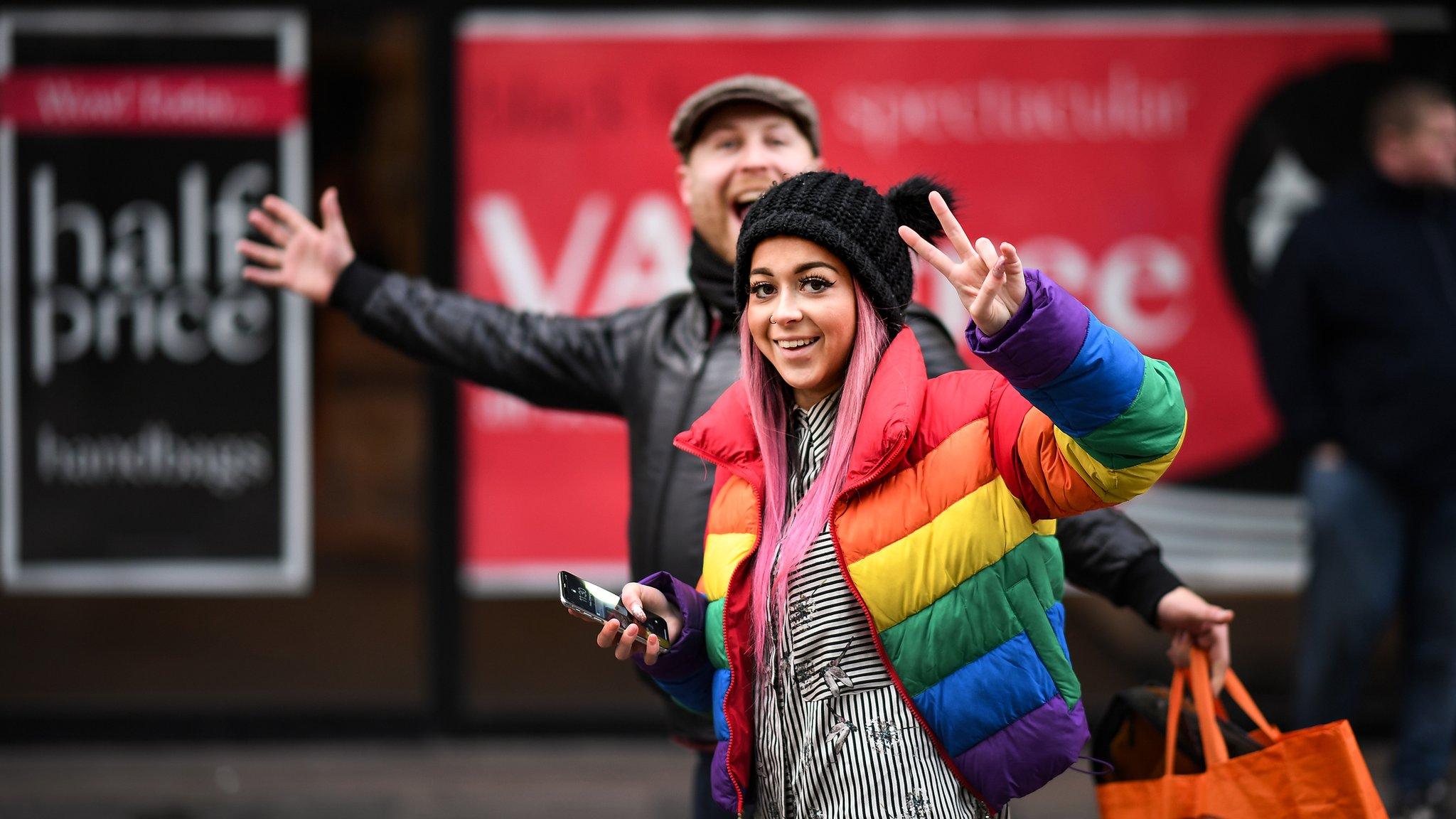 NOVEMBER 23: A shop front displays its Black Friday sales posters in Buchanan Street on November 23, 2018 in Glasgow, Scotland. Crowds of shoppers are out looking for bargains during the pre Christmas sale extravaganza that is Black Friday.