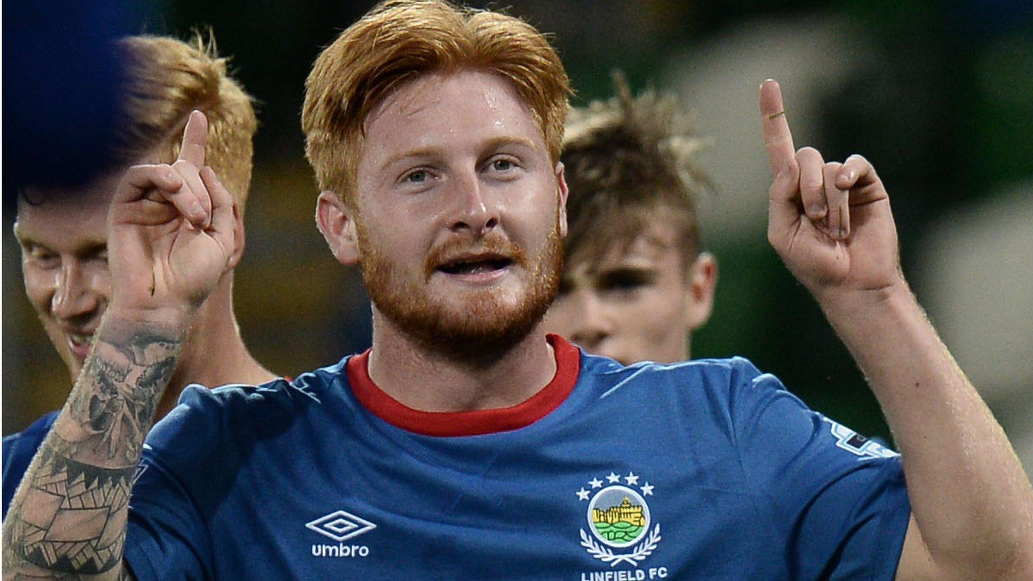 Louis Rooney celebrates scoring against Lisburn Distillery on his Blues debut