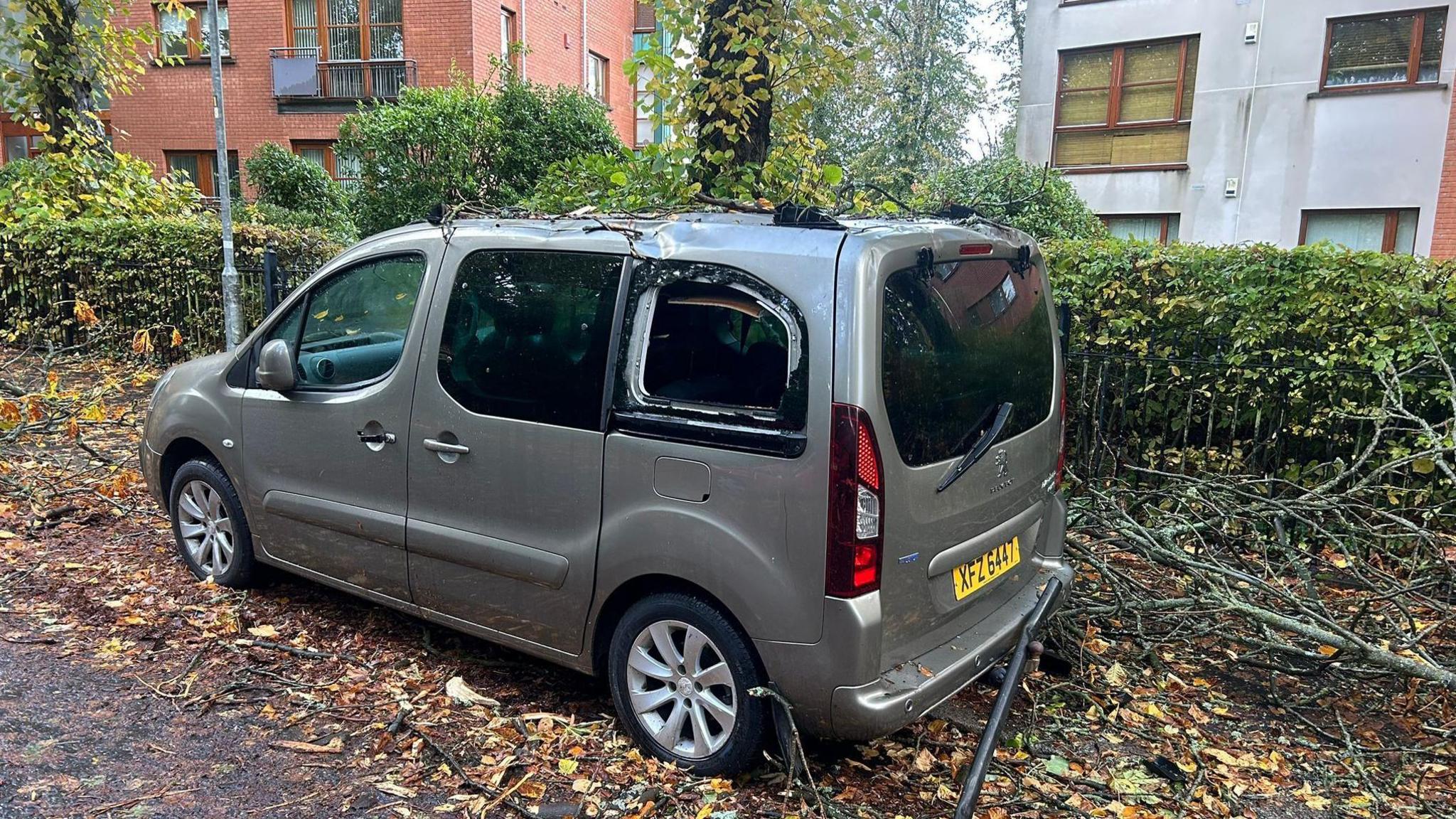 Një minivan gri i dëmtuar i parkuar në një rrugë banimi në Belfast. Xhami i pasmë është i thyer dhe çatia është e gërvishtur. Mbetje të degëve të pemëve qëndrojnë në çatinë e tij. Në sfond ka dy pallate, të rrethuara nga gardhe.