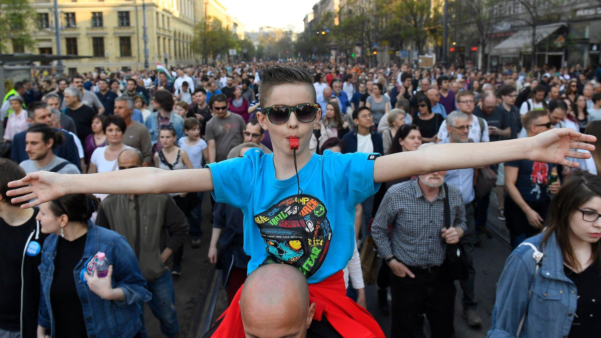 Participants attend a protest rally organized by the Freedom for Education movement, called CEU Now, Who"s Next – Protest for the free educationin in downtown Budapest, Hungary, 02 April 2017.