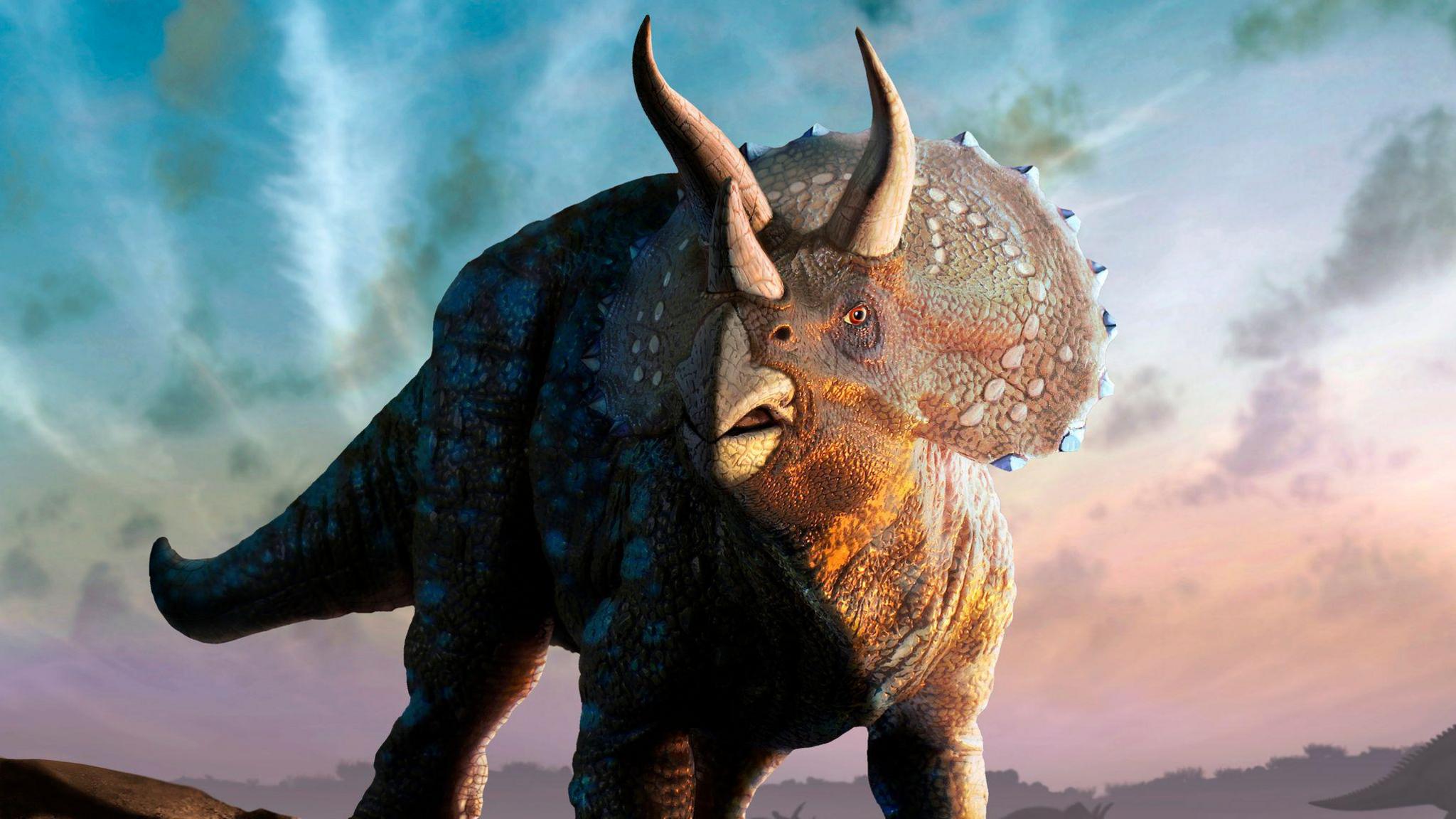 An artist's illustration of a three horned dinosaur 