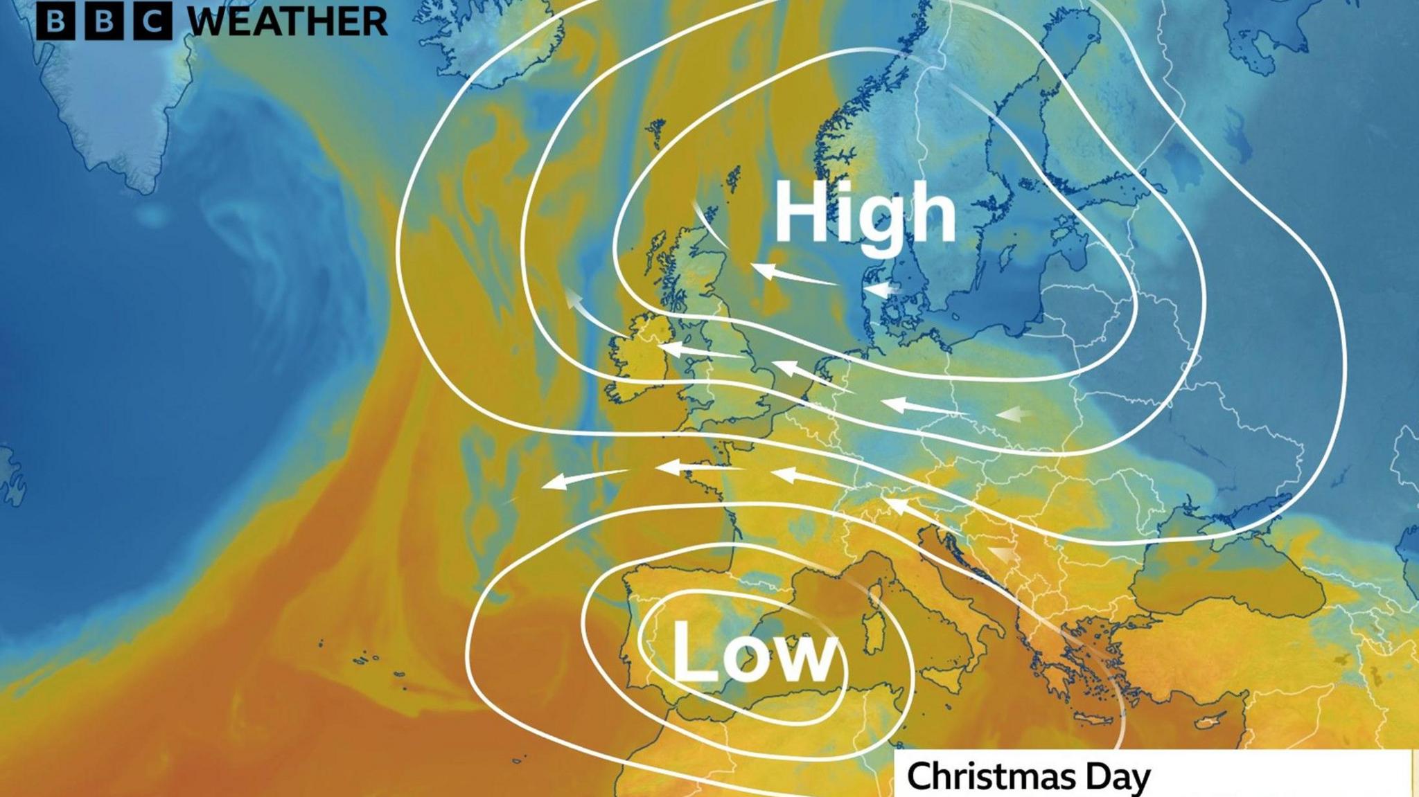 A weather map of the expected pressure pattern on Christmas Day