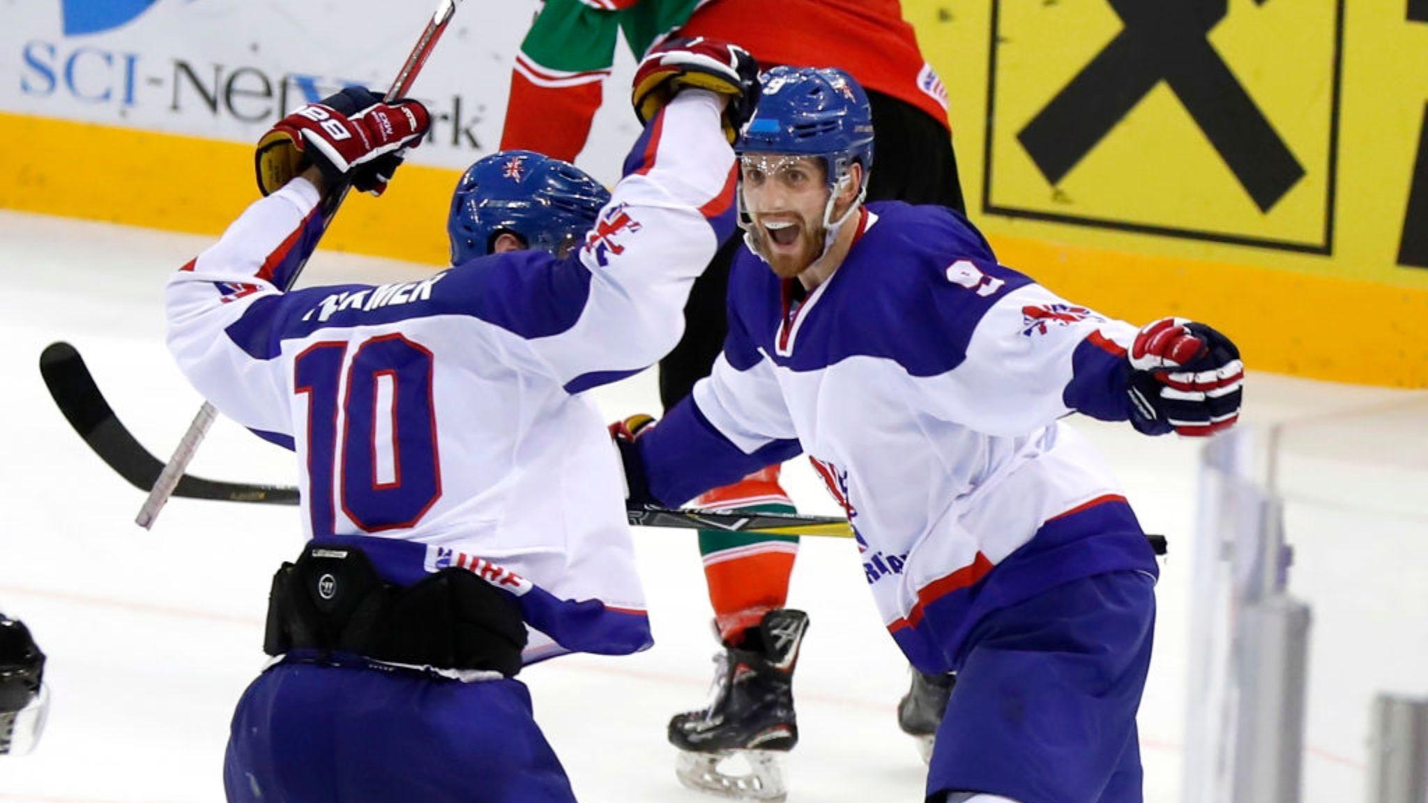 Brett Perlini and Robert Farmer celebrate a Great Britain equaliser at the 2018 IIHF World Championship