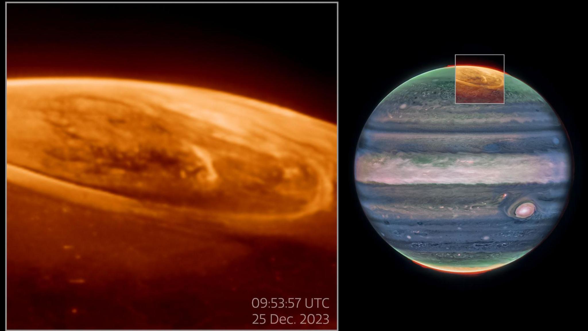 NASA's James Webb Space Telescope has captured new details of the auroras on our solar system’s largest planet. The image shows two views of Jupiter.
On the left is a close up of the auroras which look like rings on an orange surface. The right hand image shows the multicoloured striped planet.