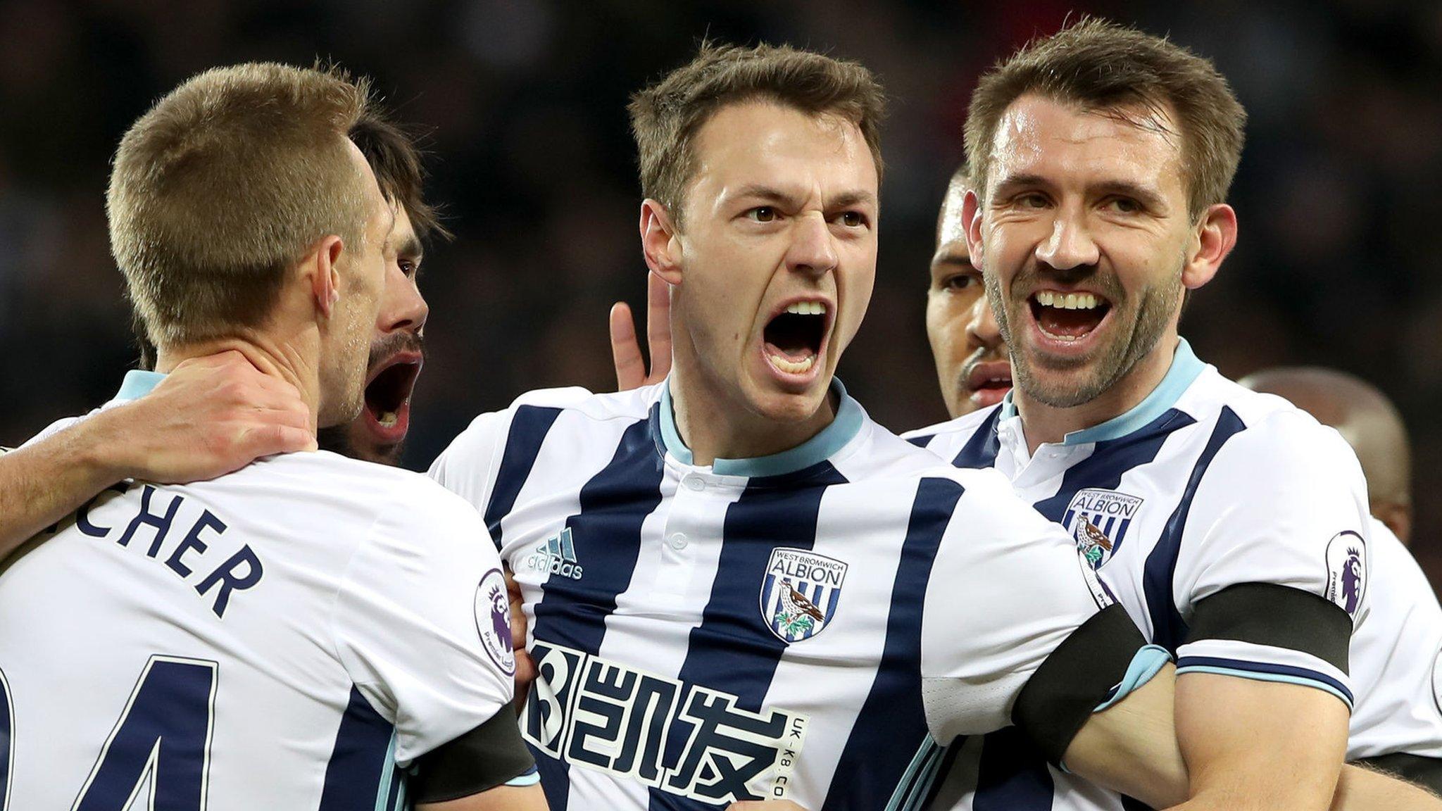 Jonny Evans celebrates his goal for West Brom against Watford