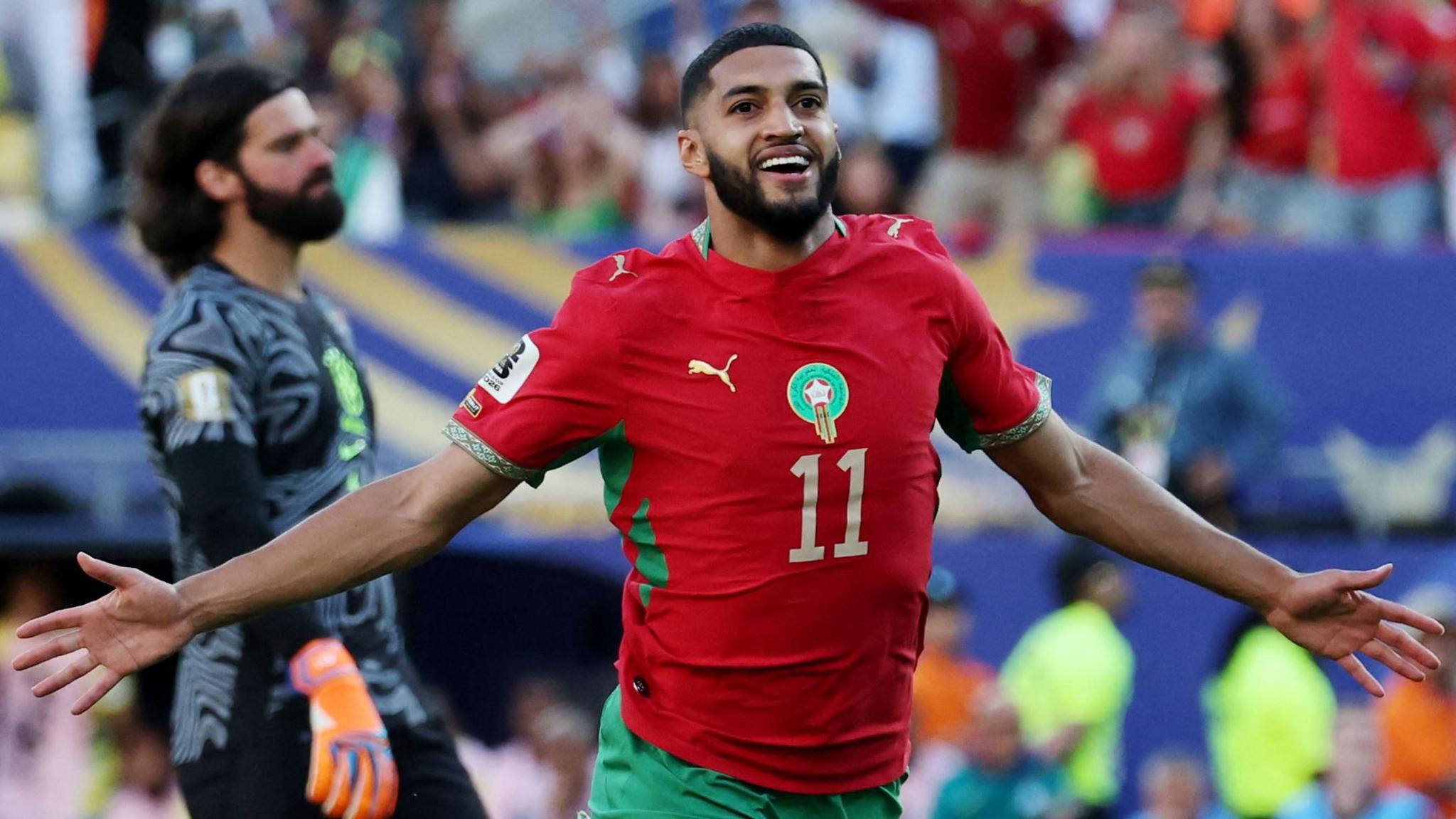 Ismael Saibari celebrates putting Morocco ahead against Brazil