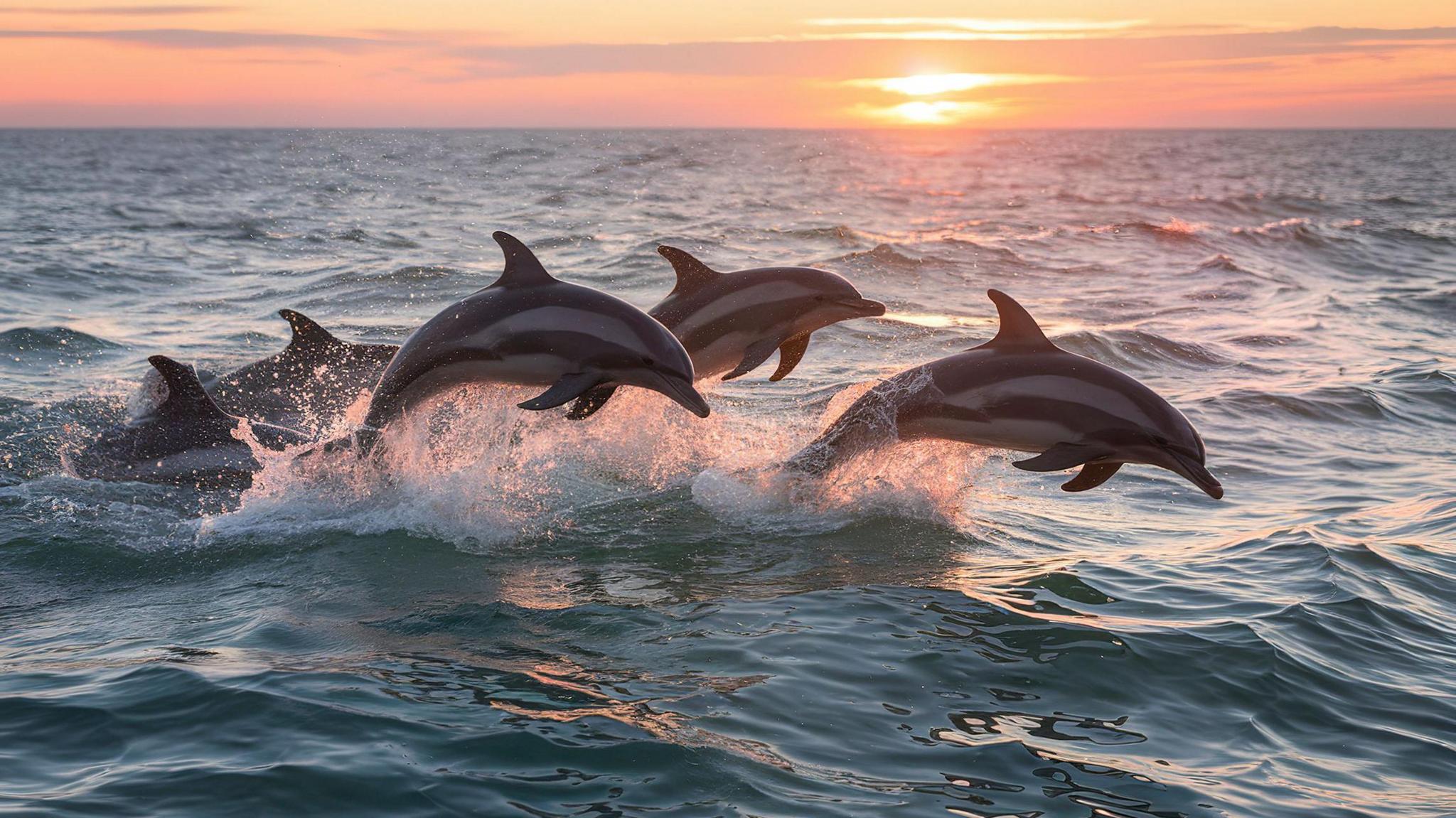 a wild pod of dolphins swim in the ocean with a sunset in the distance