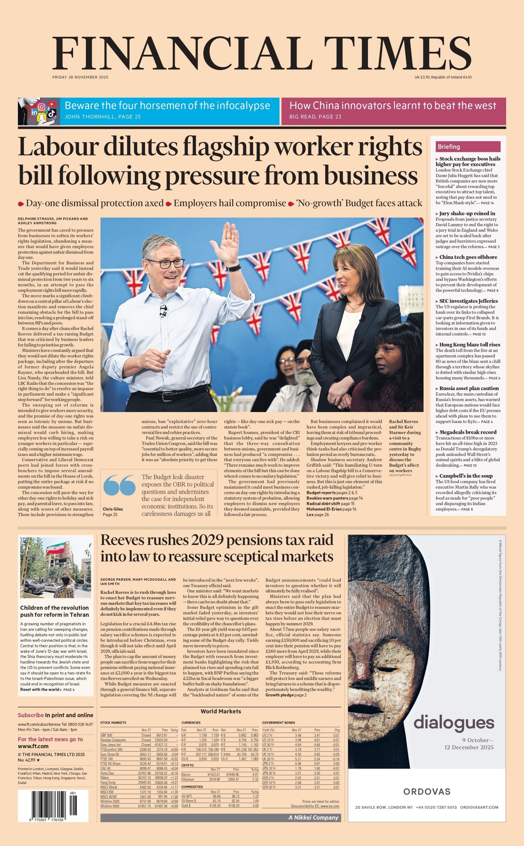 "Labour dilutes flagship worker rights bill following pressure from business," reads the headline on the front page of the Financial Times.