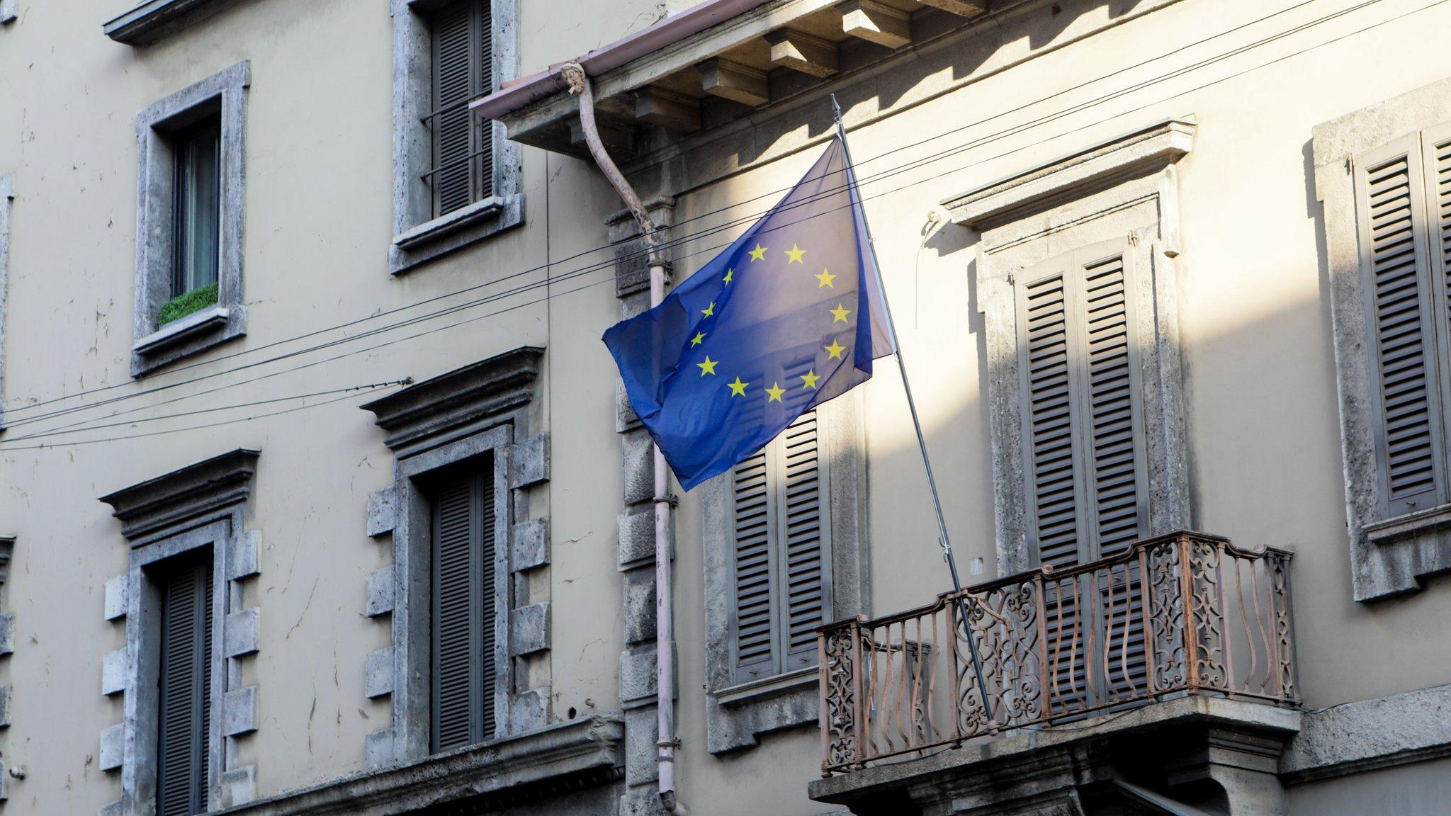 A Europe flag is seen in Via Palestro, Milan, March 16, 2020. Italian Government continues to enforce the nationwide lockdown measures to control the coronavirus spread (