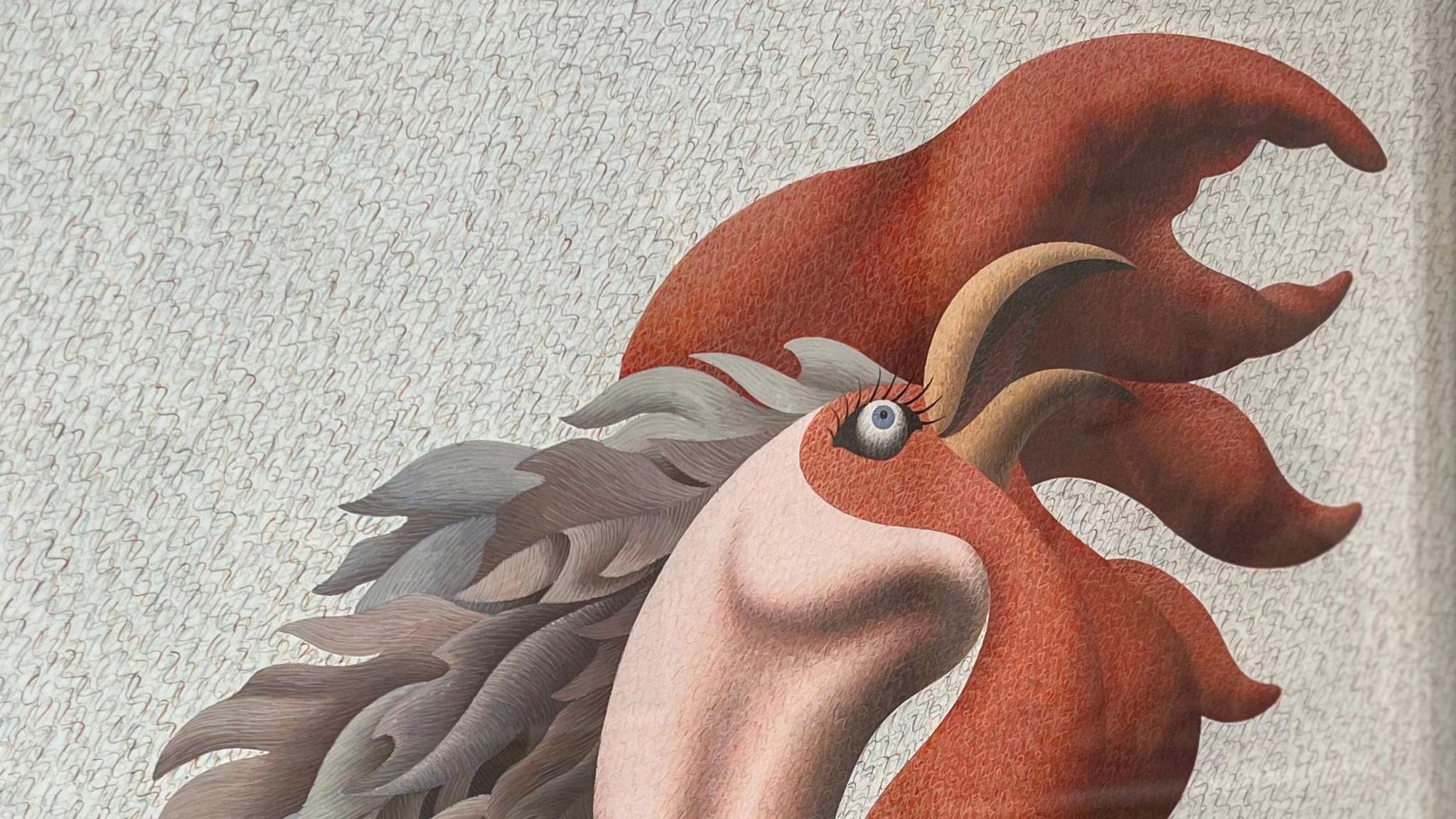 A surrealist painting involving what looks to be head of a rooster, with lots of tiny, fine squiggles on the surface