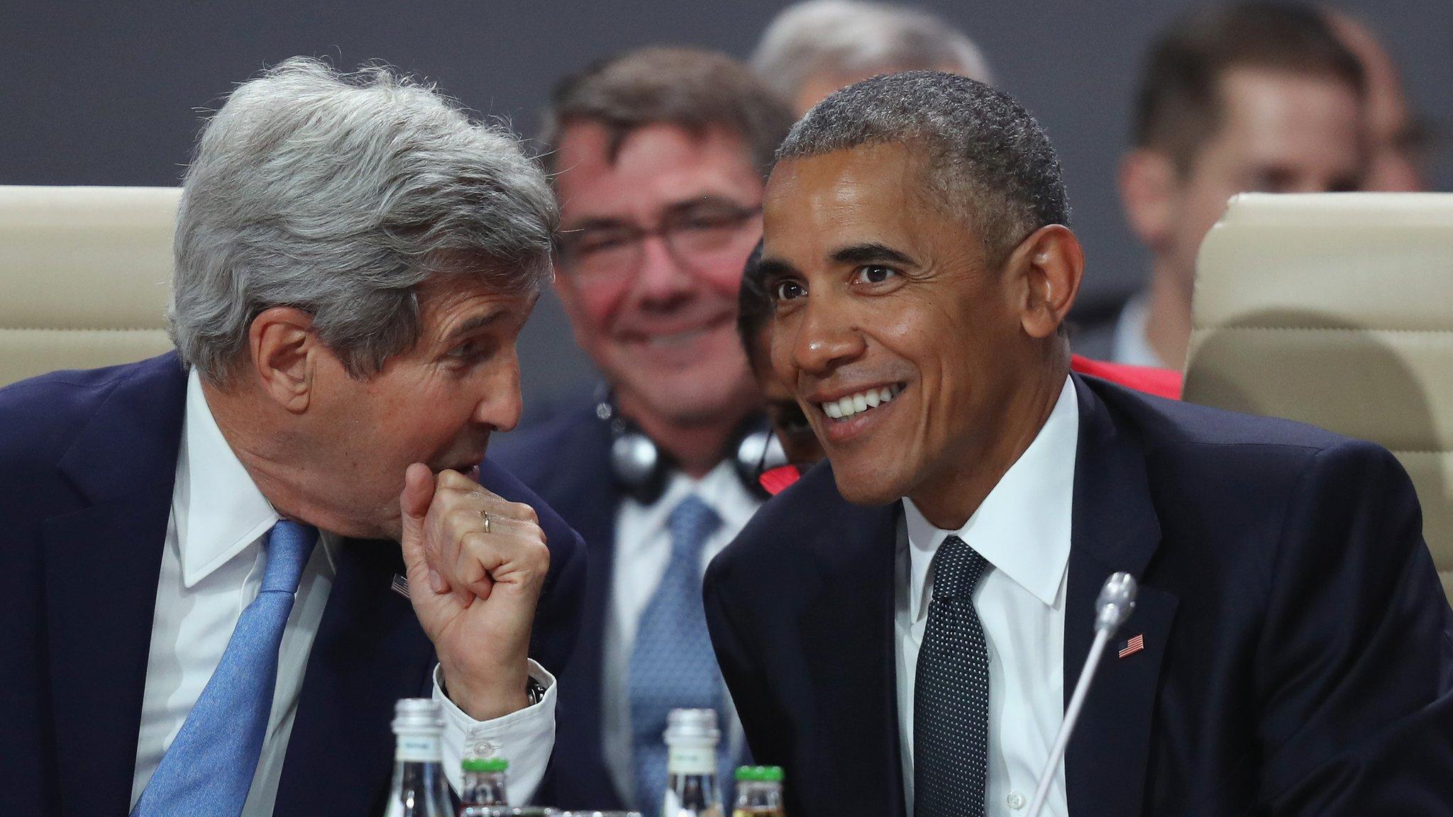 US President Barack Obama (R) and Secretary of State John Kerry attend the meeting of the North Atlantic Council at the Warsaw NATO Summit on 8 July 2016 in Warsaw