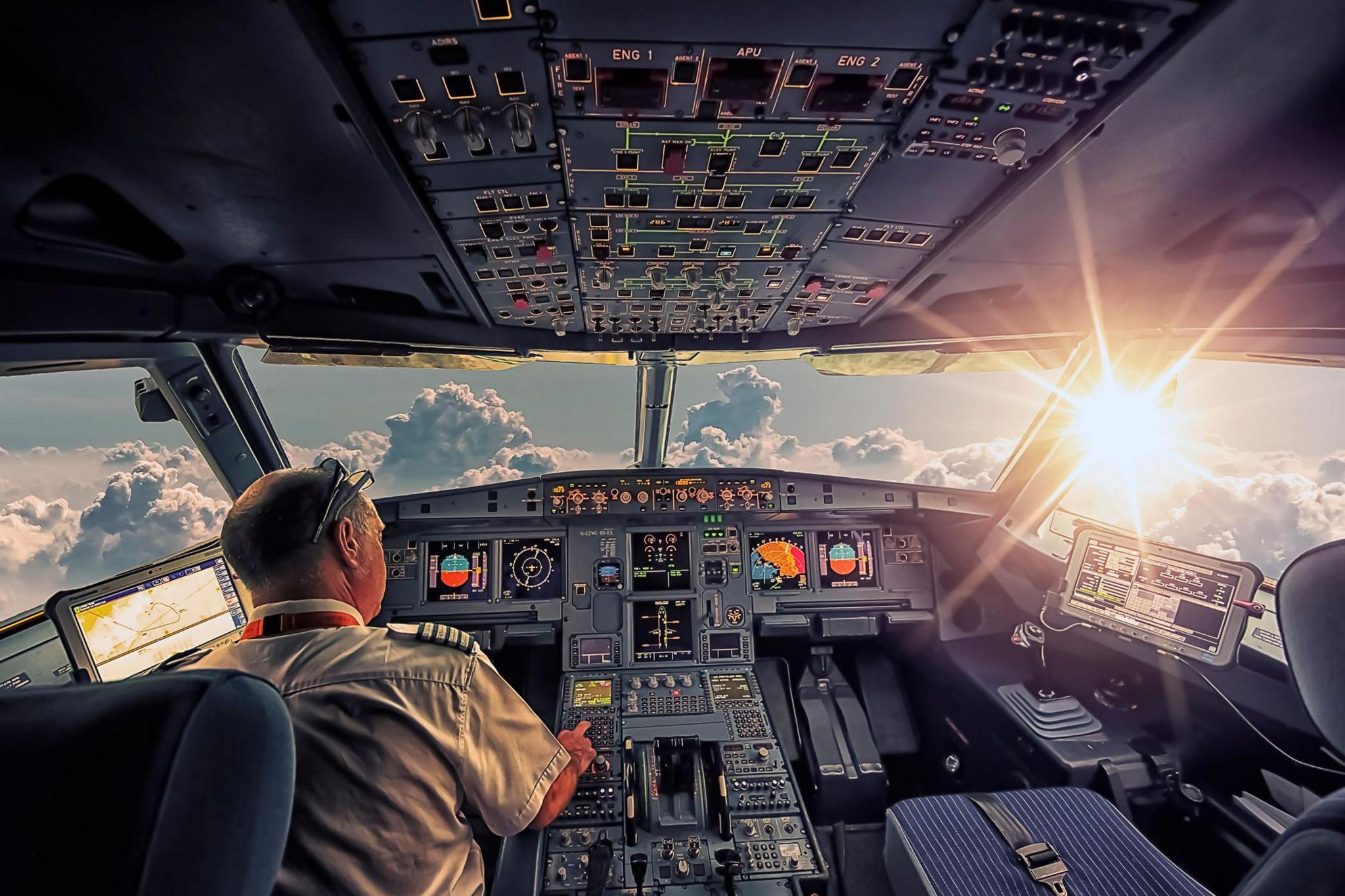 The cockpit of an Airbus A320 in flight