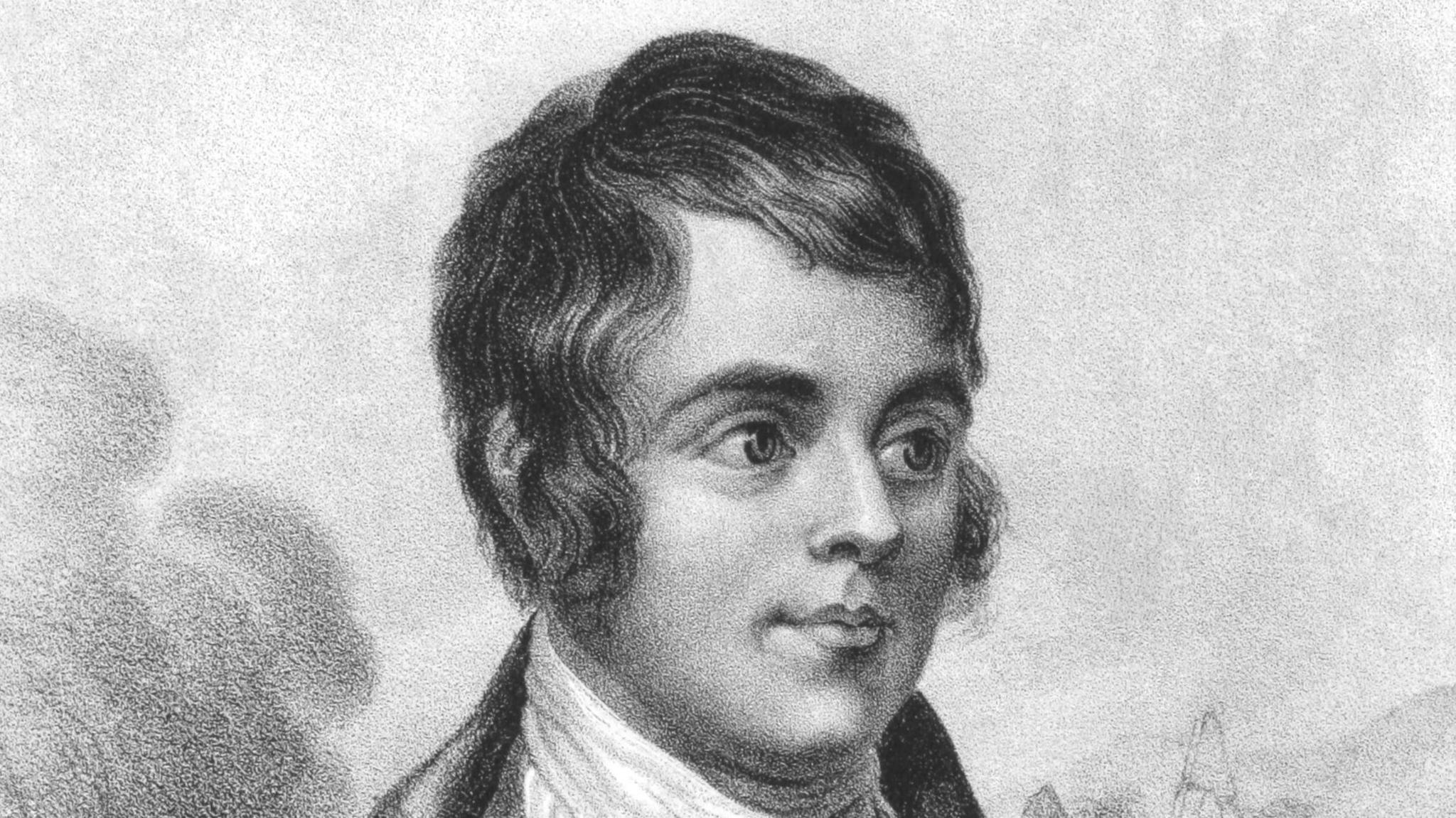 An engraving of Burns from the 1800s - in black and white, he is looking to to the right. He has dark hair.