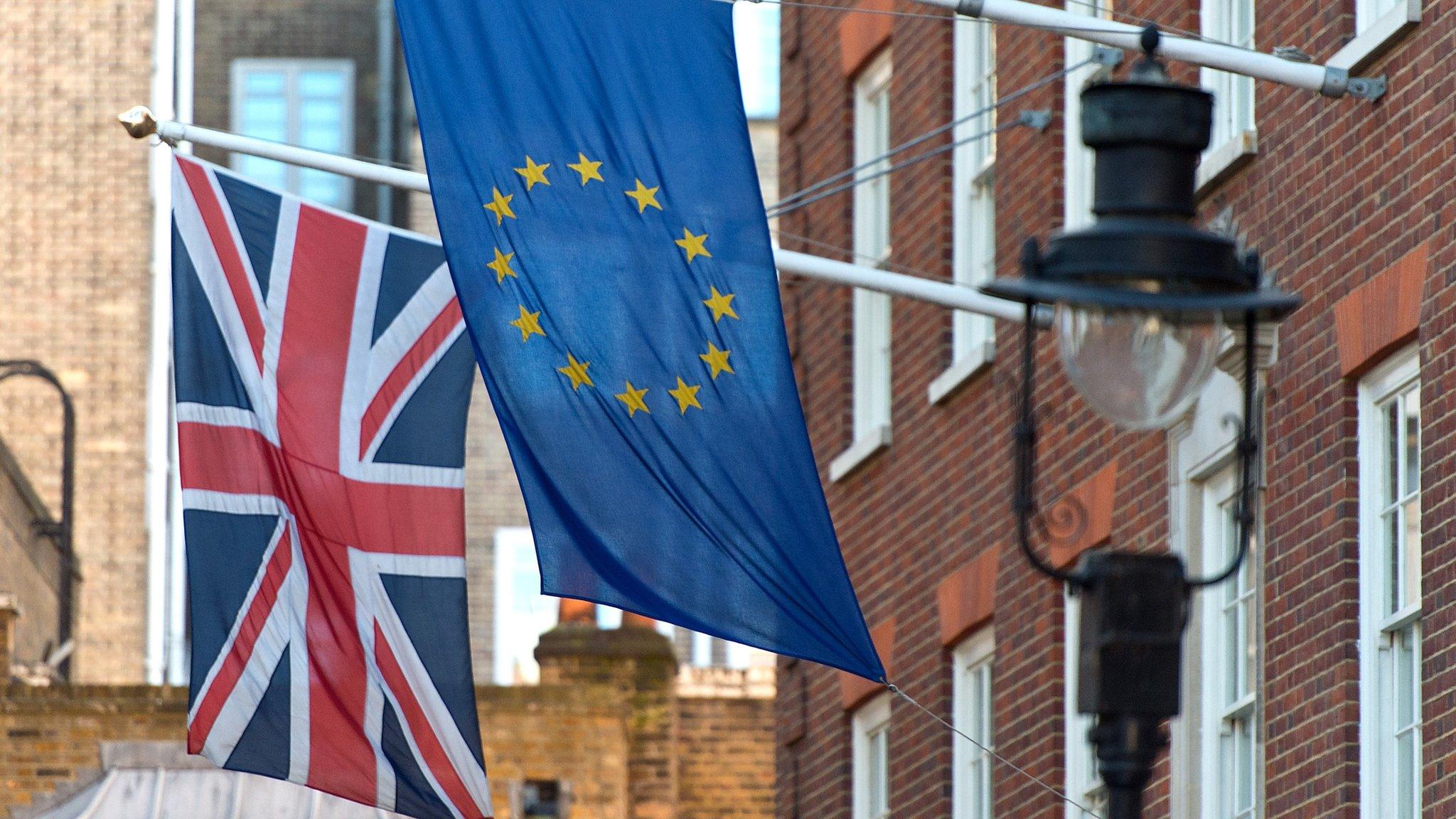 UK and European Union flags flying outside the Conservative party's offices in London