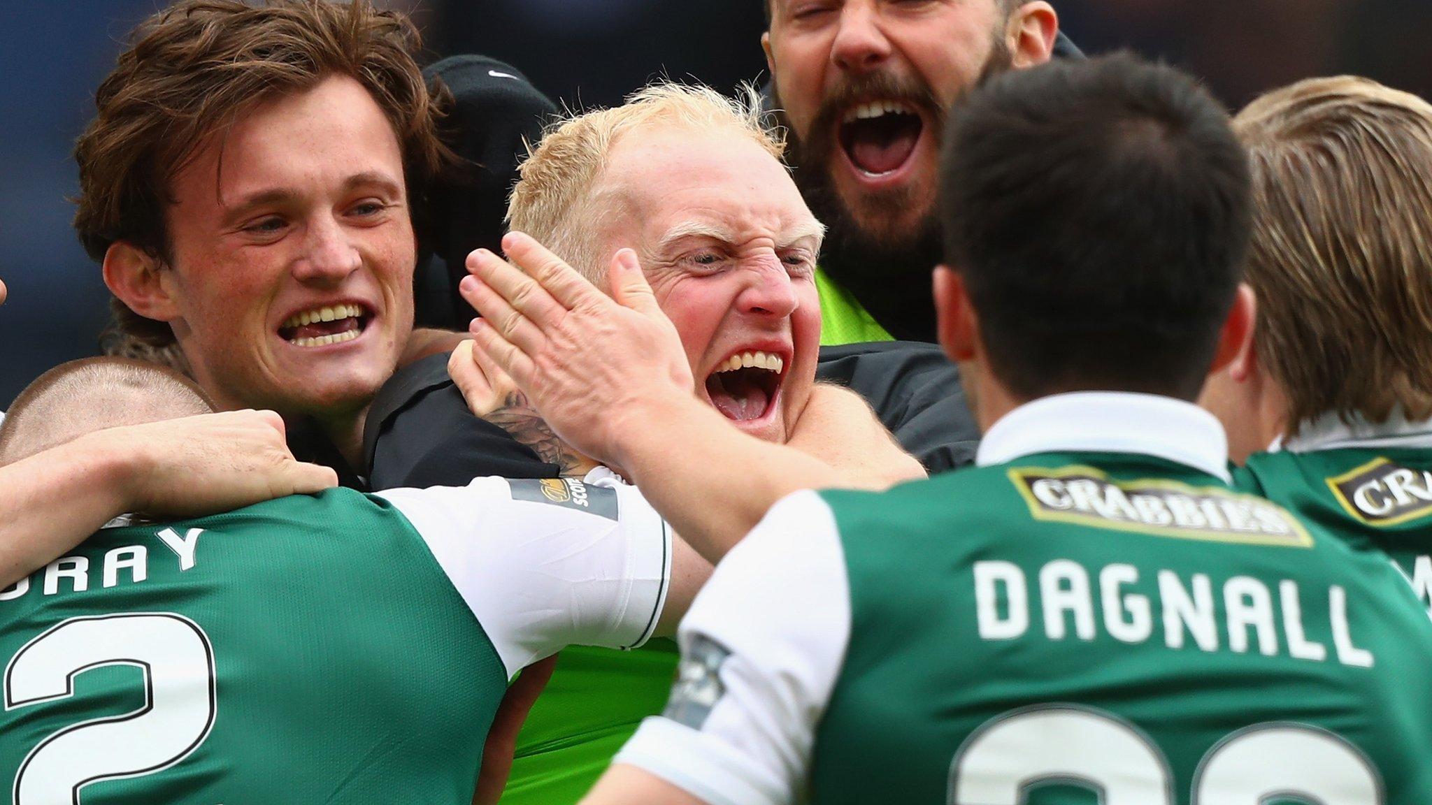 Hibernian players celebrate with keeper Conrad Logan