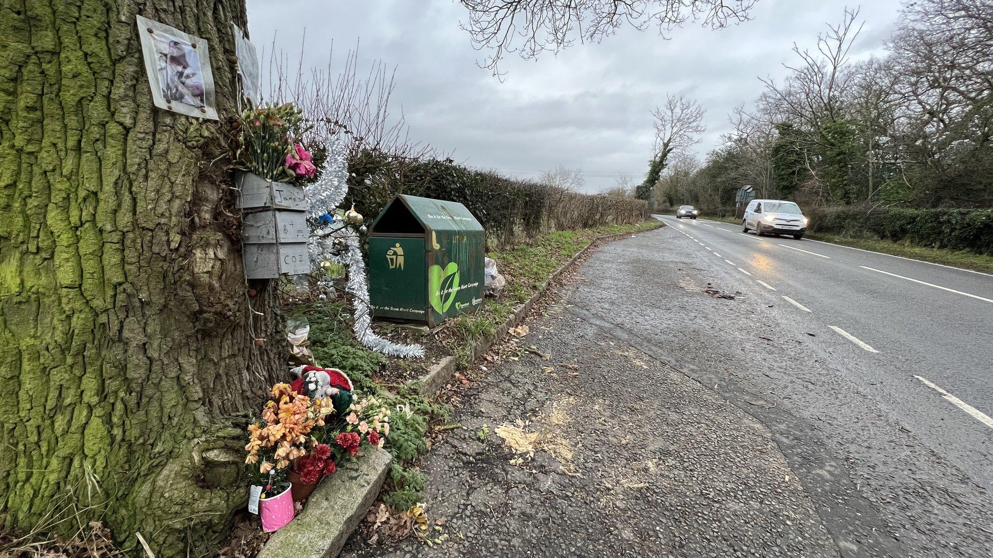 Floral tributes by the side of the road between High Garrett and Gosfield.