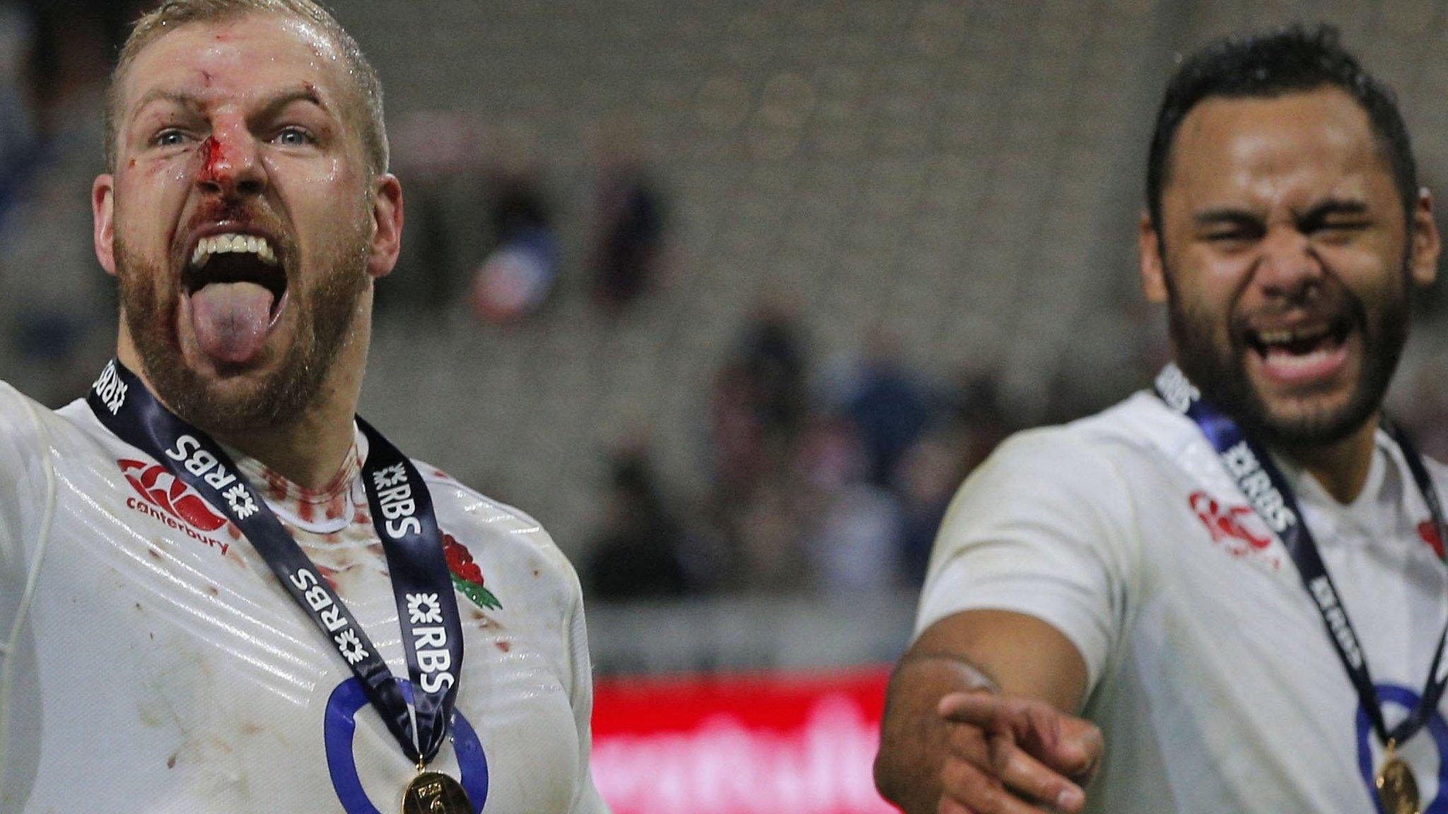 James Haskell and Billy Vunipola celebrate winning the Grand Slam