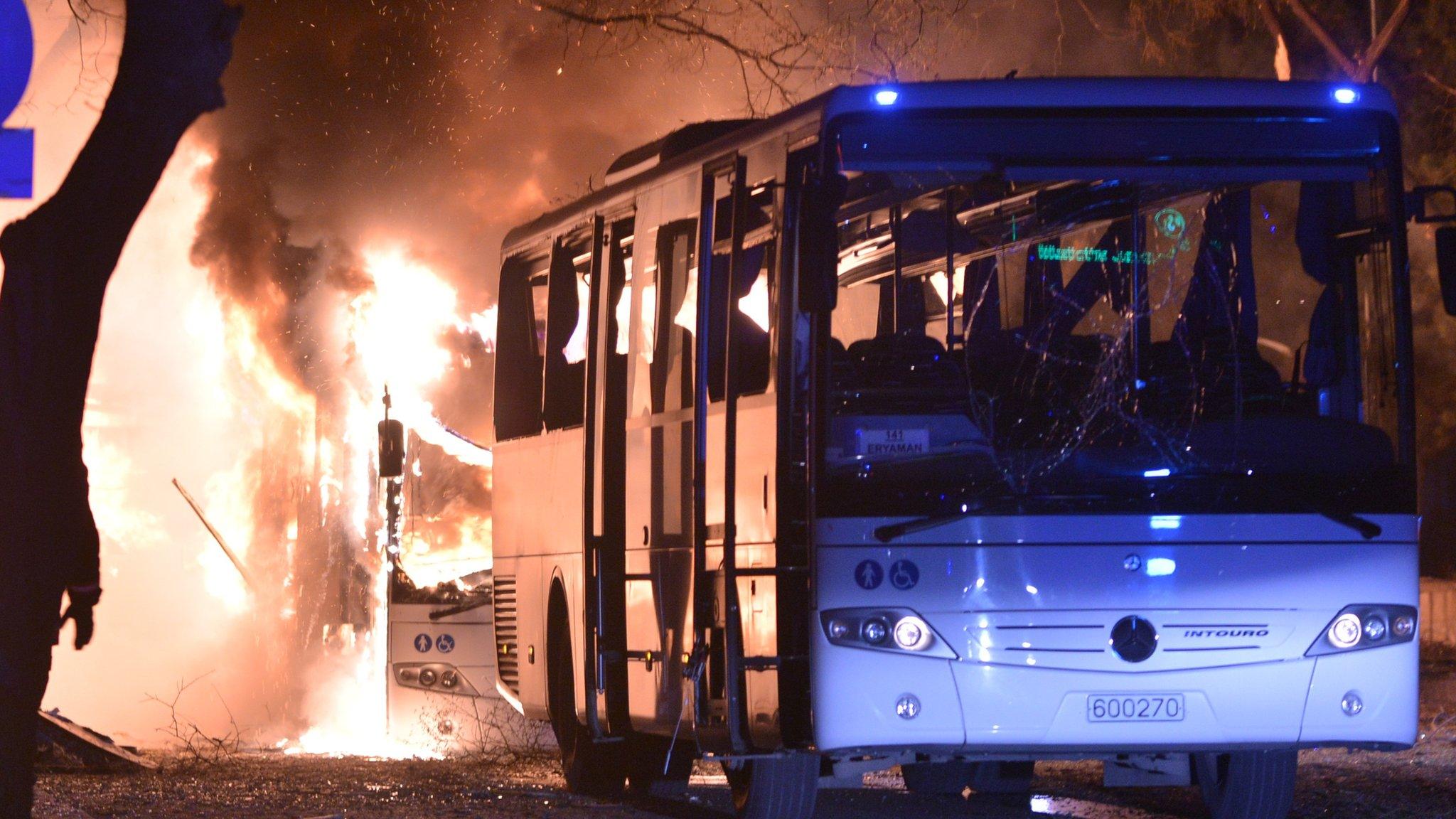 Turkish army buses burn in blast in Ankara on 17 February 2016