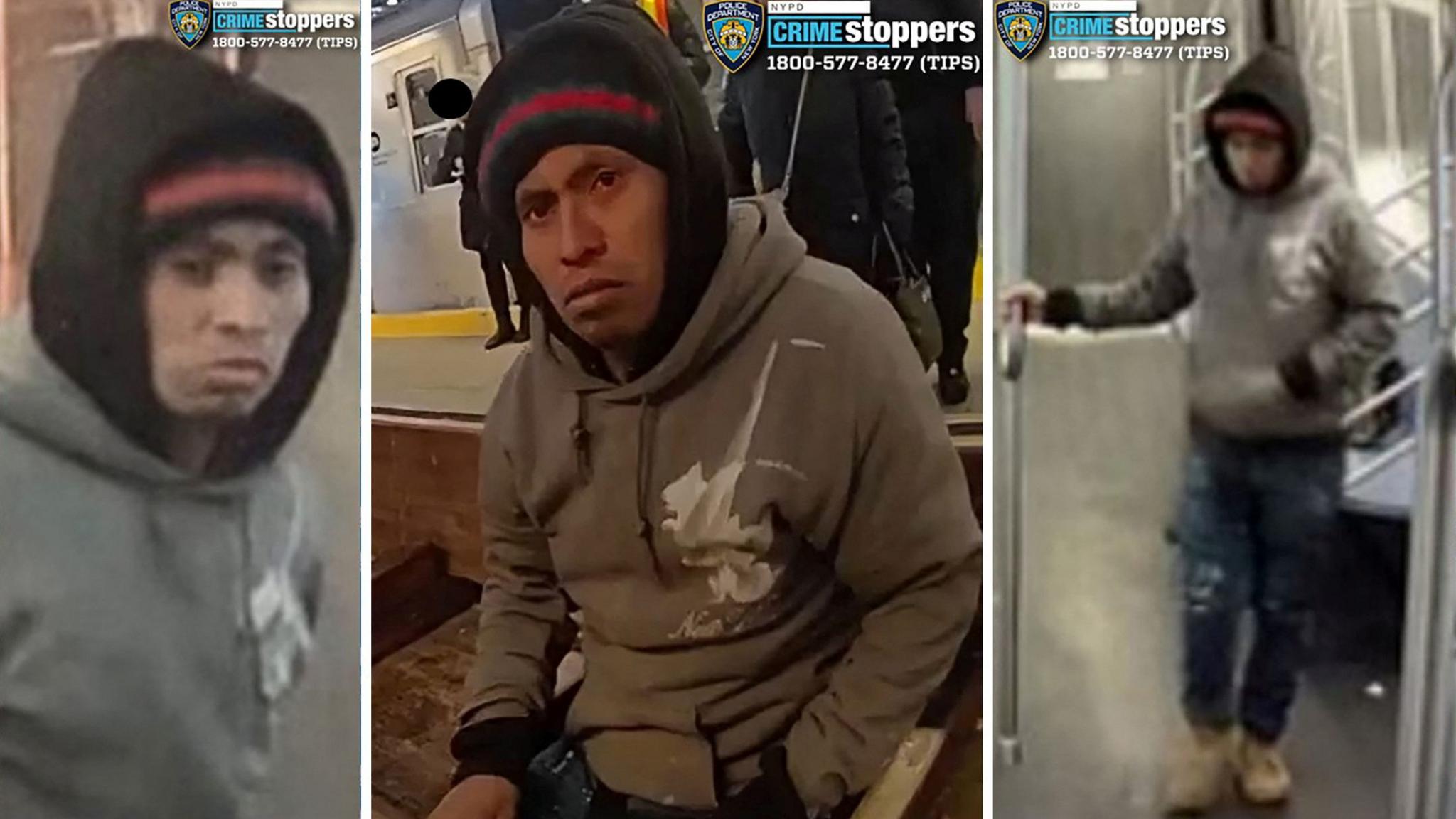 A New York police composite image showing three views of a person of interest arrested in connection with the death of a woman who was set on fire on a subway train in Brooklyn