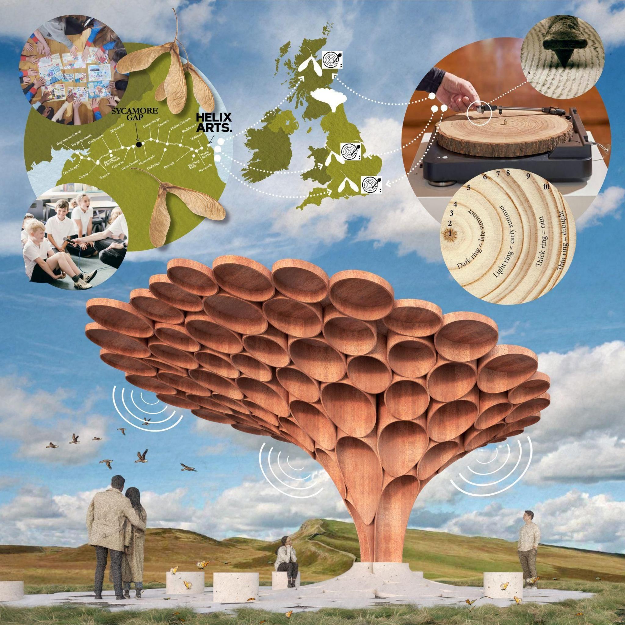 An artist's impression of a tall wooden canopy-like structure made of upturned bowl-shaped pieces. The structure is placed on a white platform on a hilly landscape with people looking up at it. Above the scene, there is map of the UK with images coming off it including a record player that appears to be playing a ring of wood, and a map of Hadrian's Wall.