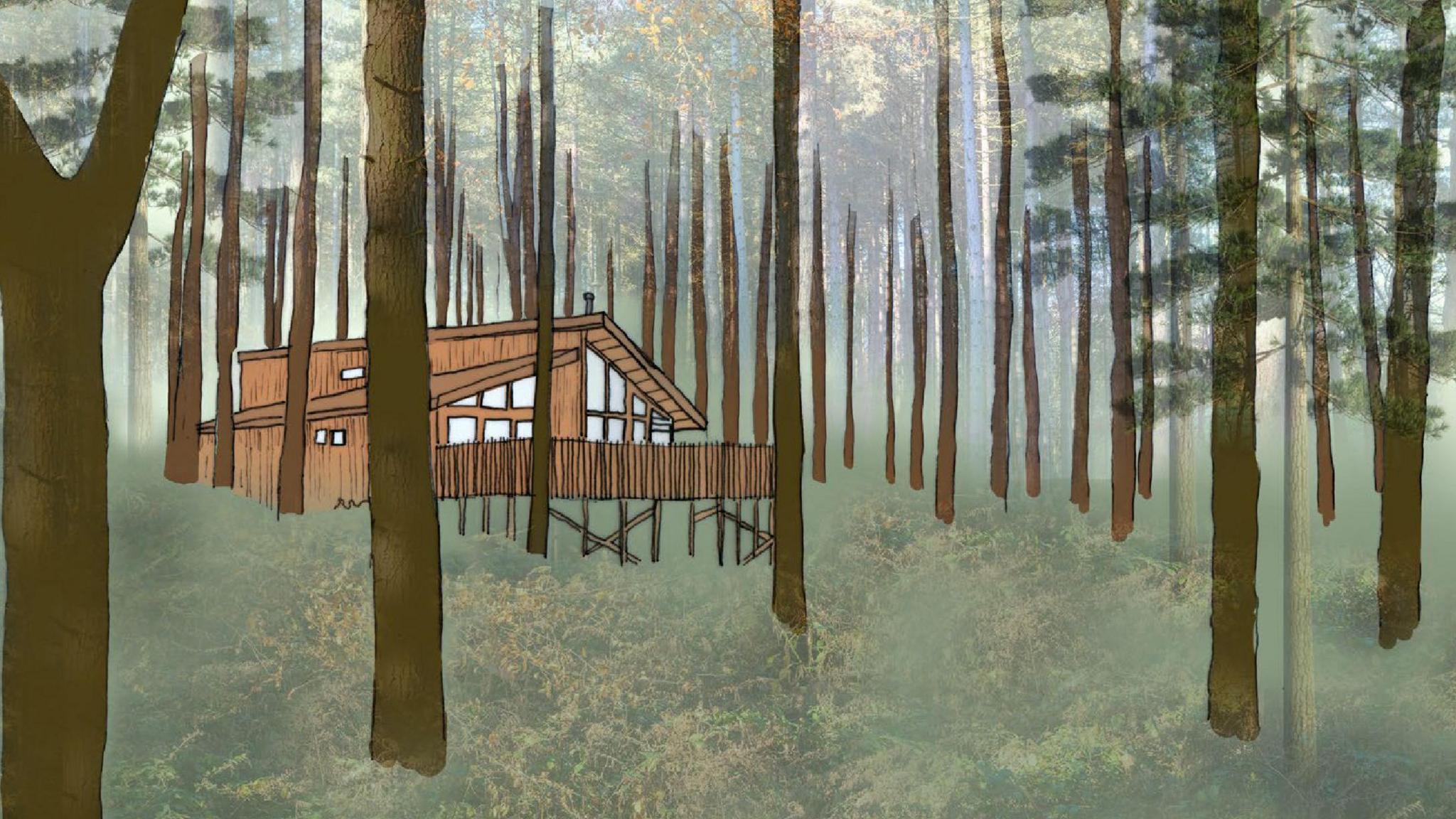 An artist's sketch of how the cabins will look. The cabin has sloped roofs, with one side slightly shorter than the other. It has large glass windows and a decked area supported on stilts.