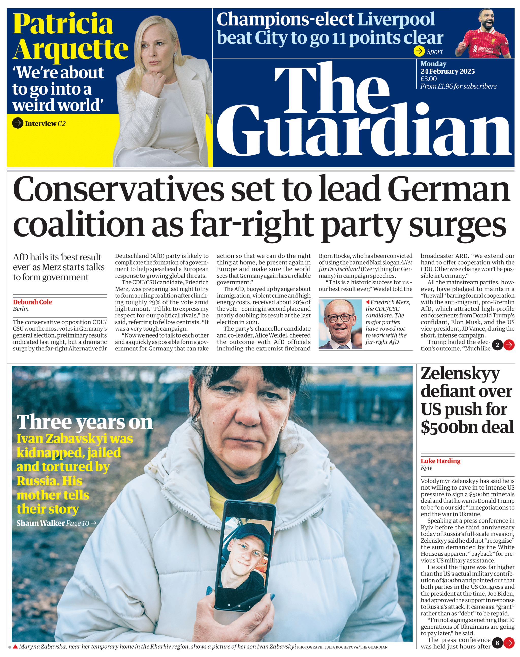 The front page of the Guardian.