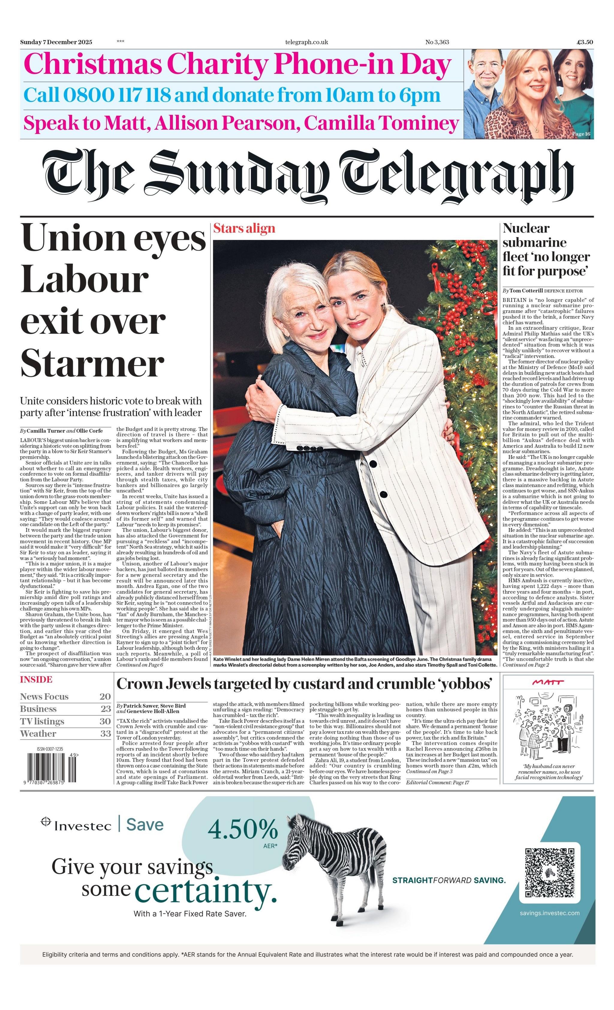 "Sindikata synon largimin e Partisë Laburiste për shkak të Starmer", thuhet në titullin kryesor në faqen e parë të gazetës Sunday Telegraph.