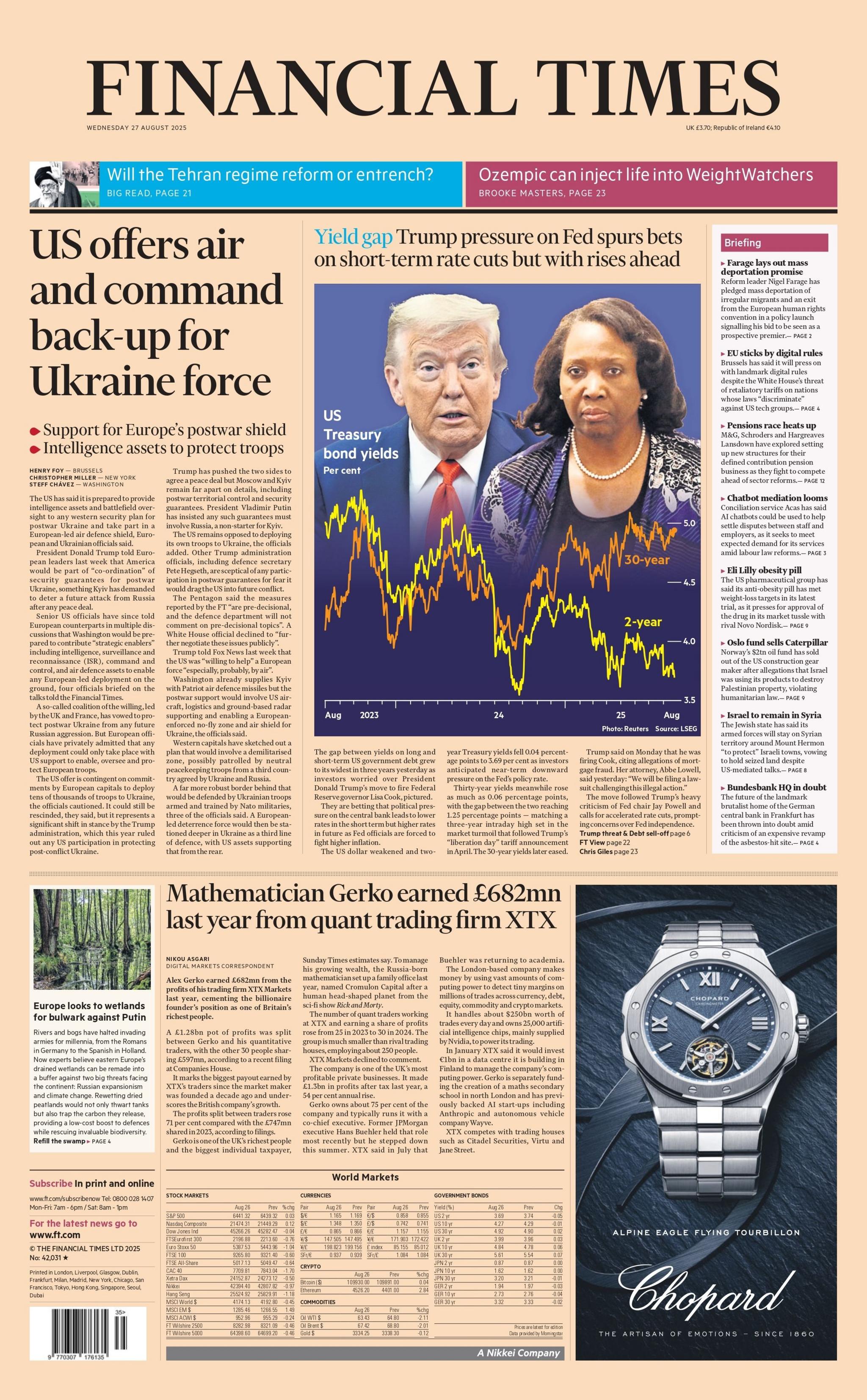 The headline on the front page of the Financial Times: "US offers air and command back-up for Ukraine force".