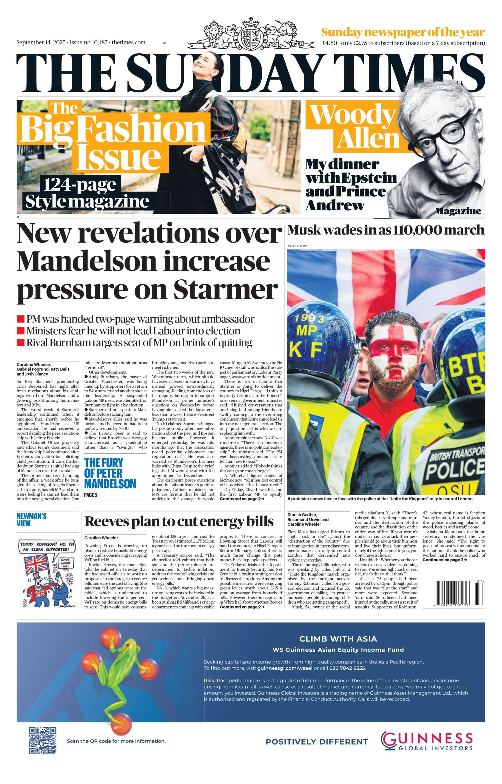 The headline on the front page of the Sunday Times reads: "New revelations over Mandelson increase pressure on Starmer". 
