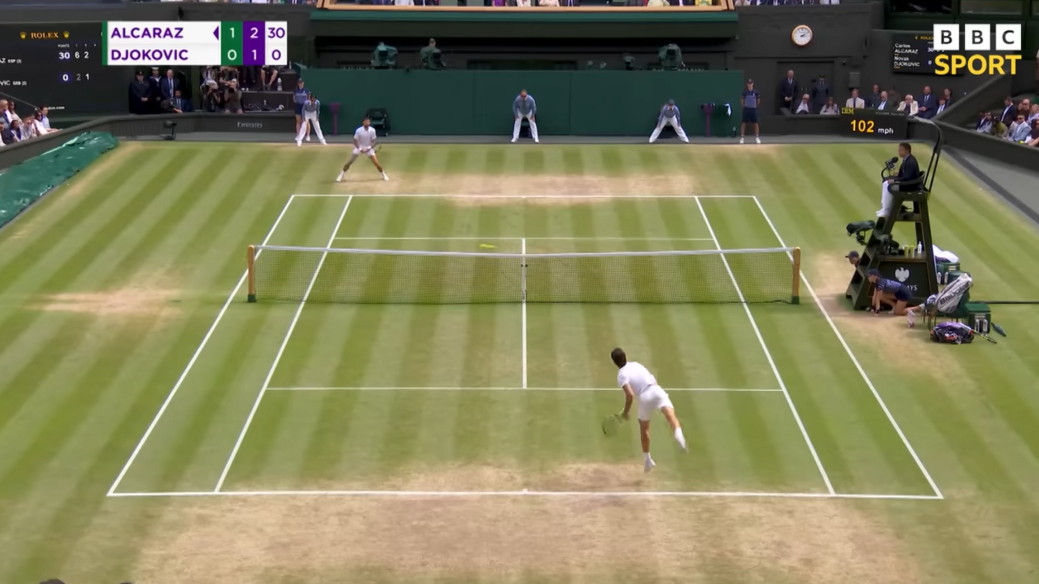 Alcaraz serving at Djokovic in the 2024 Wimbledon final