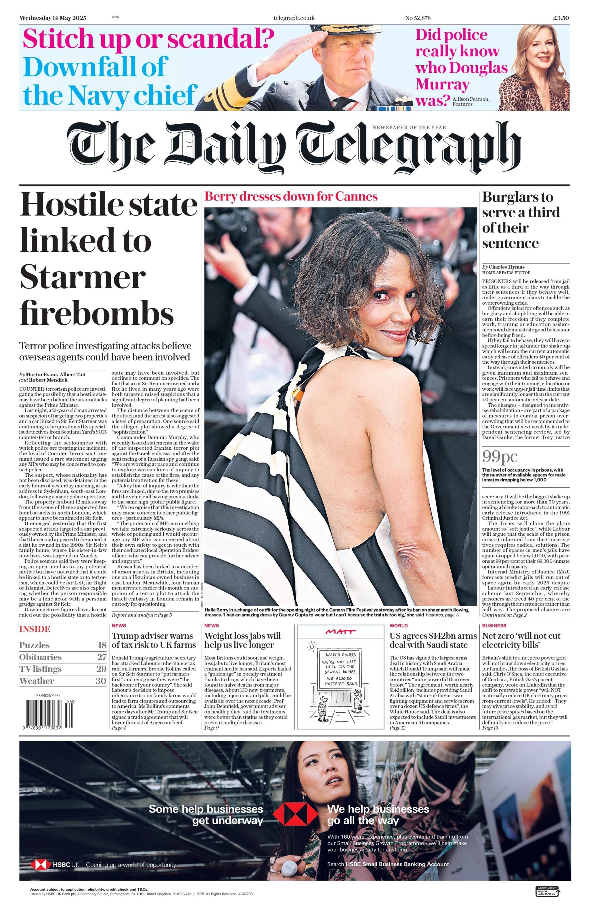 The headline on the front page of The Daily Telegraph reads: "Hostile state linked to Starmer firebombs".